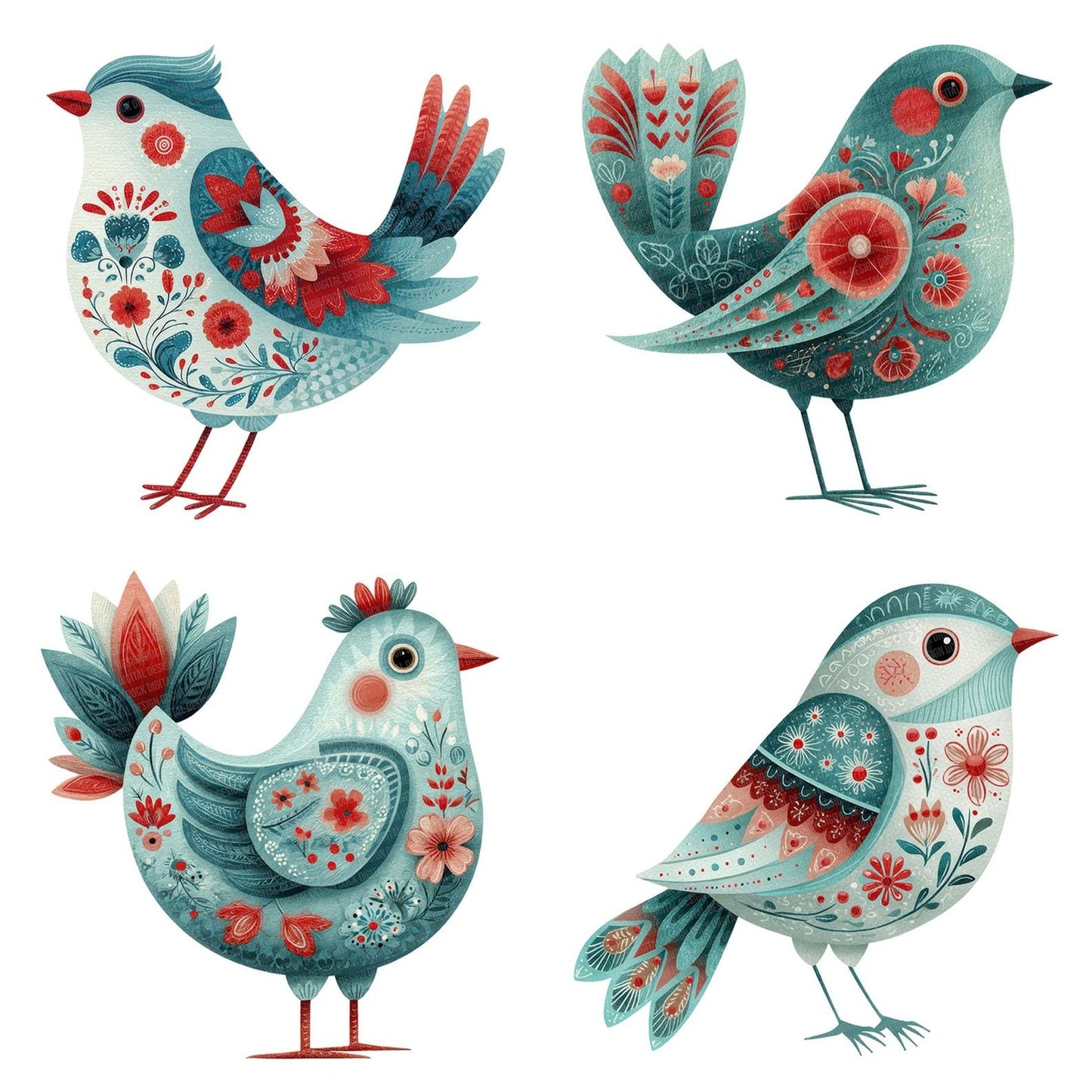Folk Art Floral Christmas Bird Clipart Set (DDD005486)