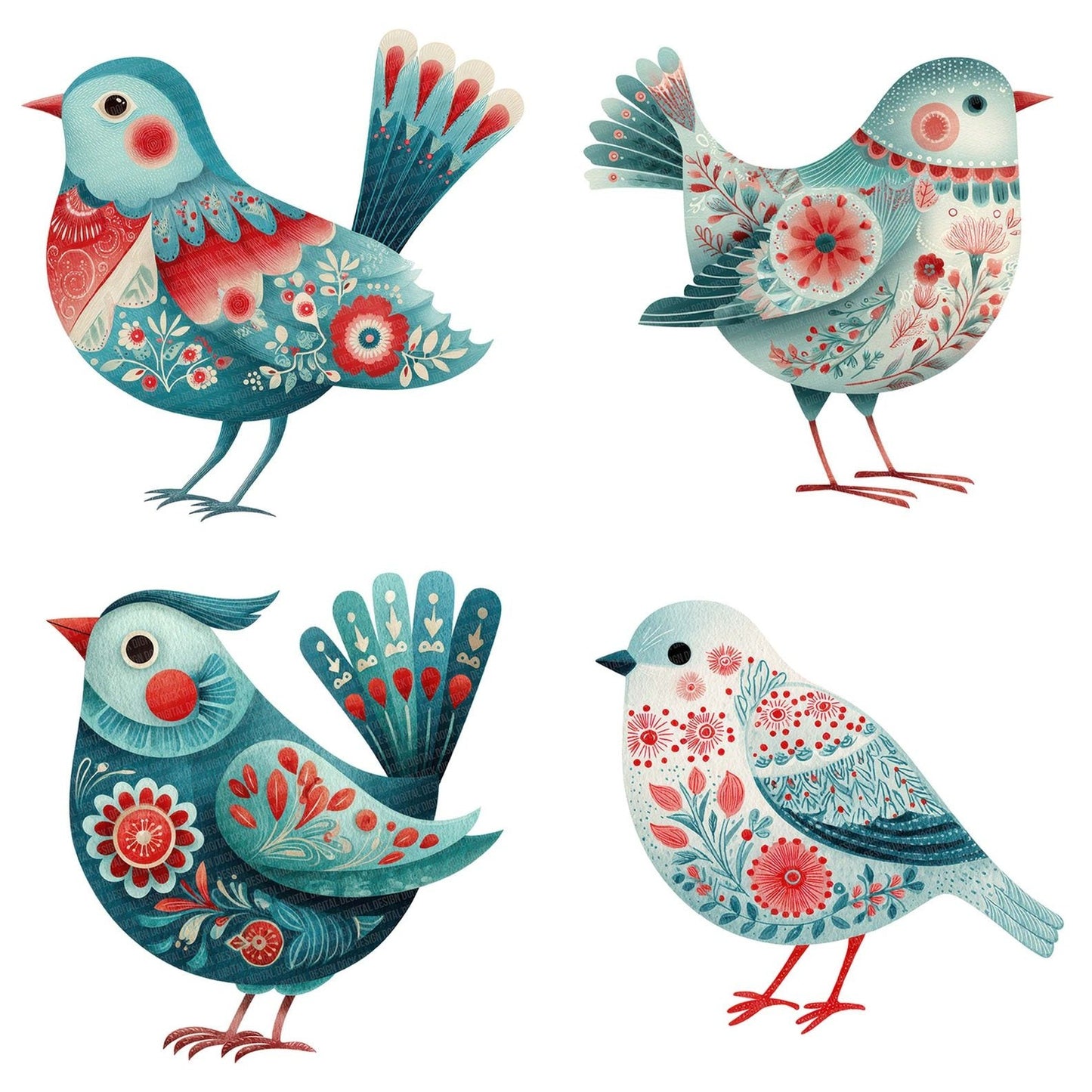 Folk Art Floral Christmas Bird Clipart Set (DDD005486)