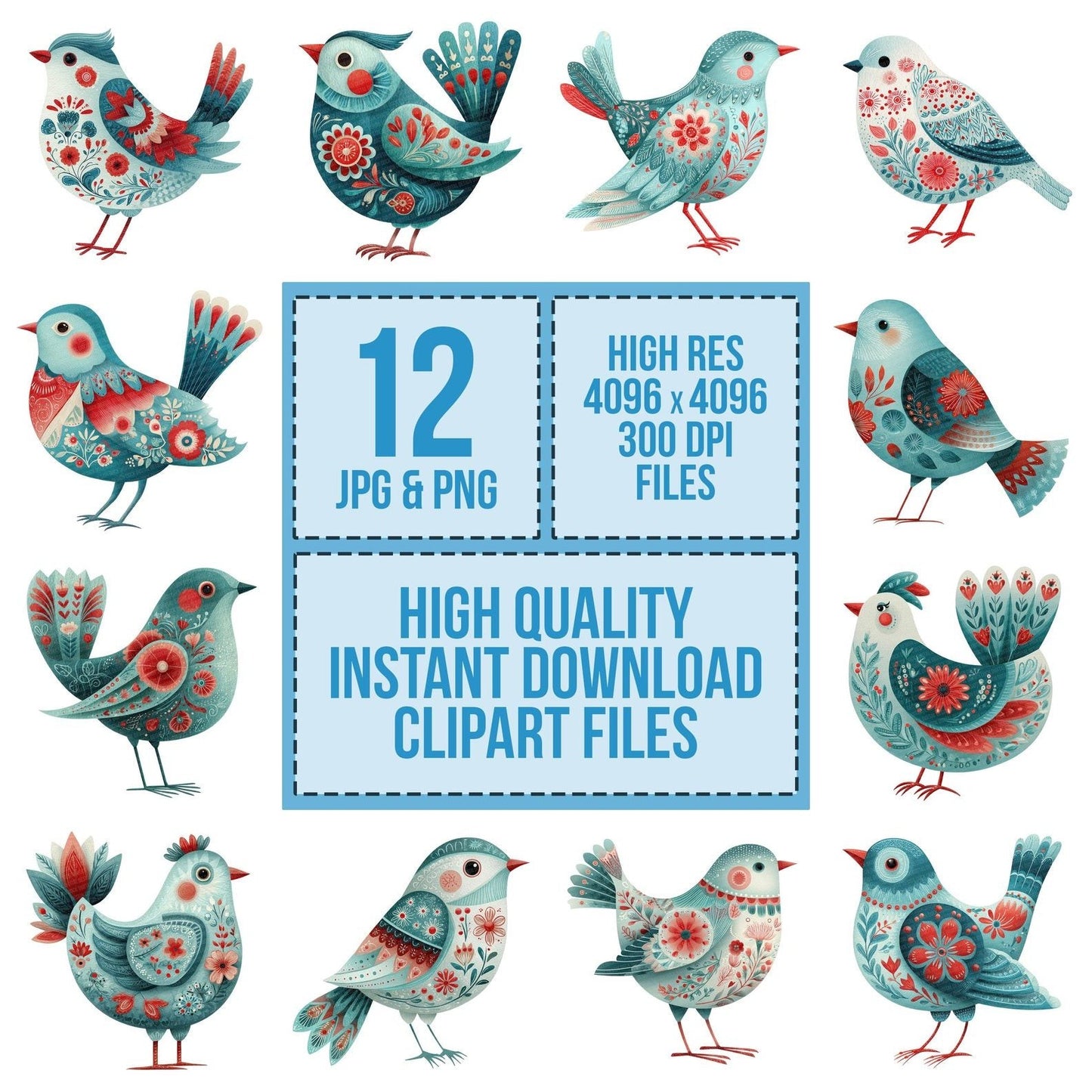 Folk Art Floral Christmas Bird Clipart Set (DDD005486)