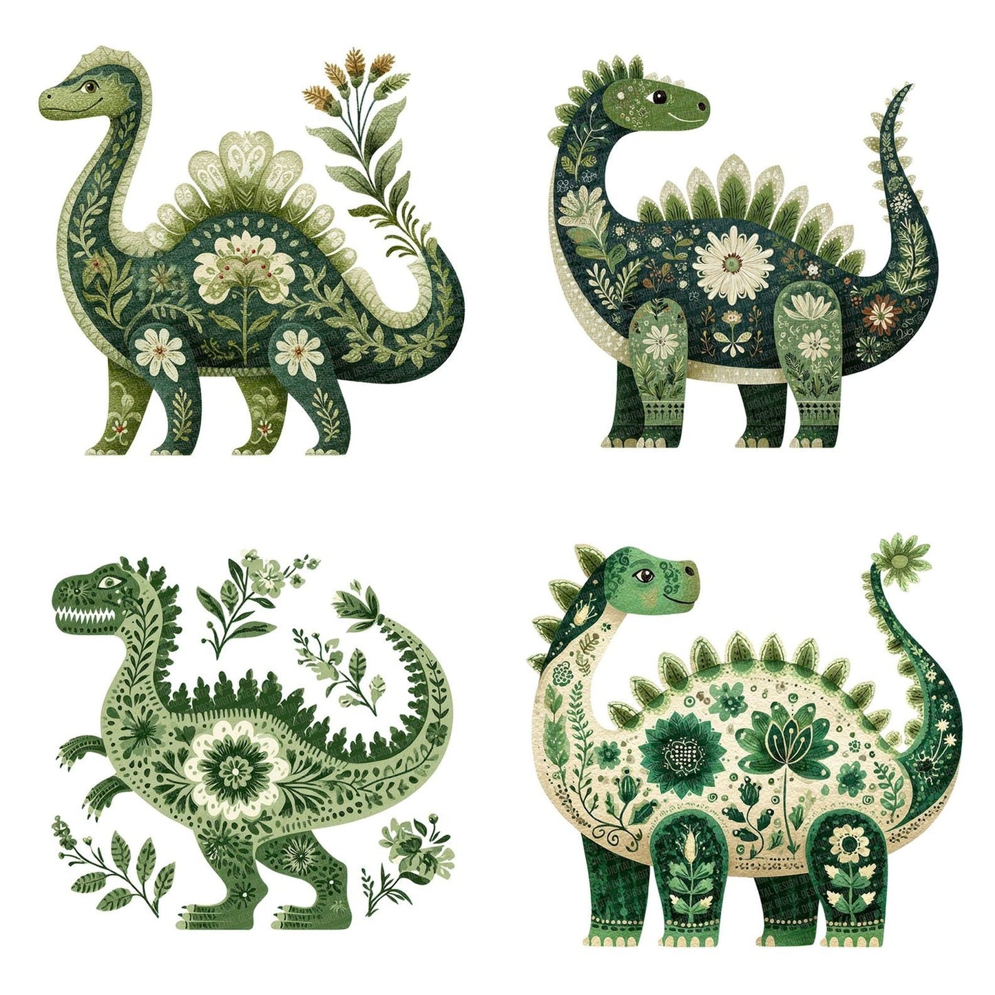 Folk Art Floral Dinosaur Clipart Set (DDD005487)