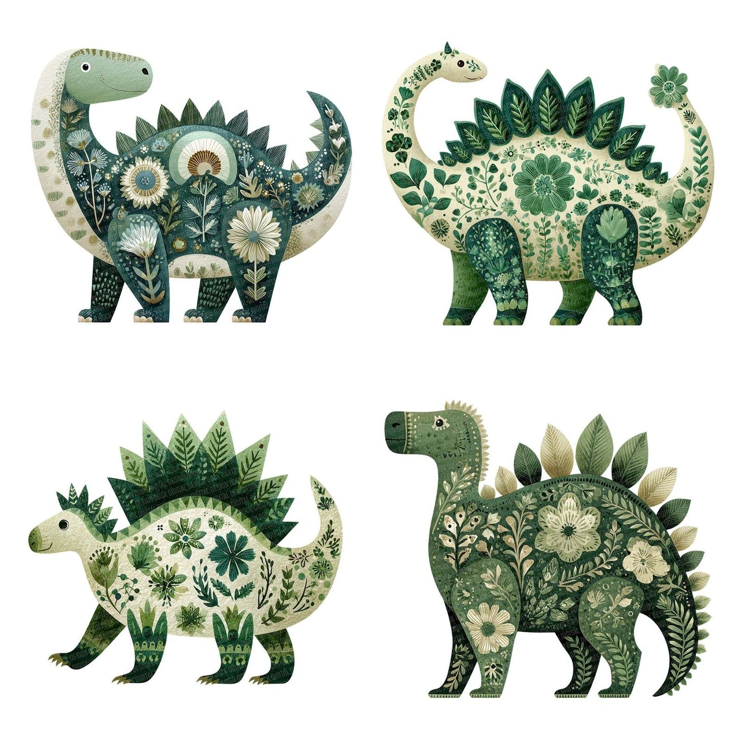 Folk Art Floral Dinosaur Clipart Set (DDD005487)
