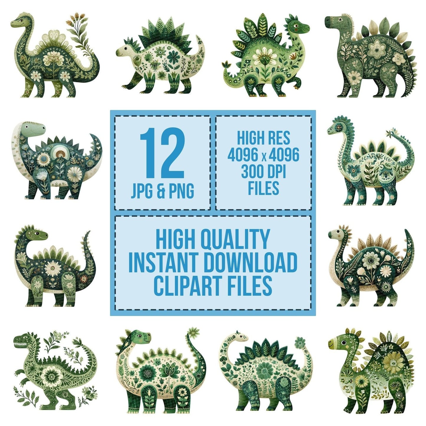 Folk Art Floral Dinosaur Clipart Set (DDD005487)