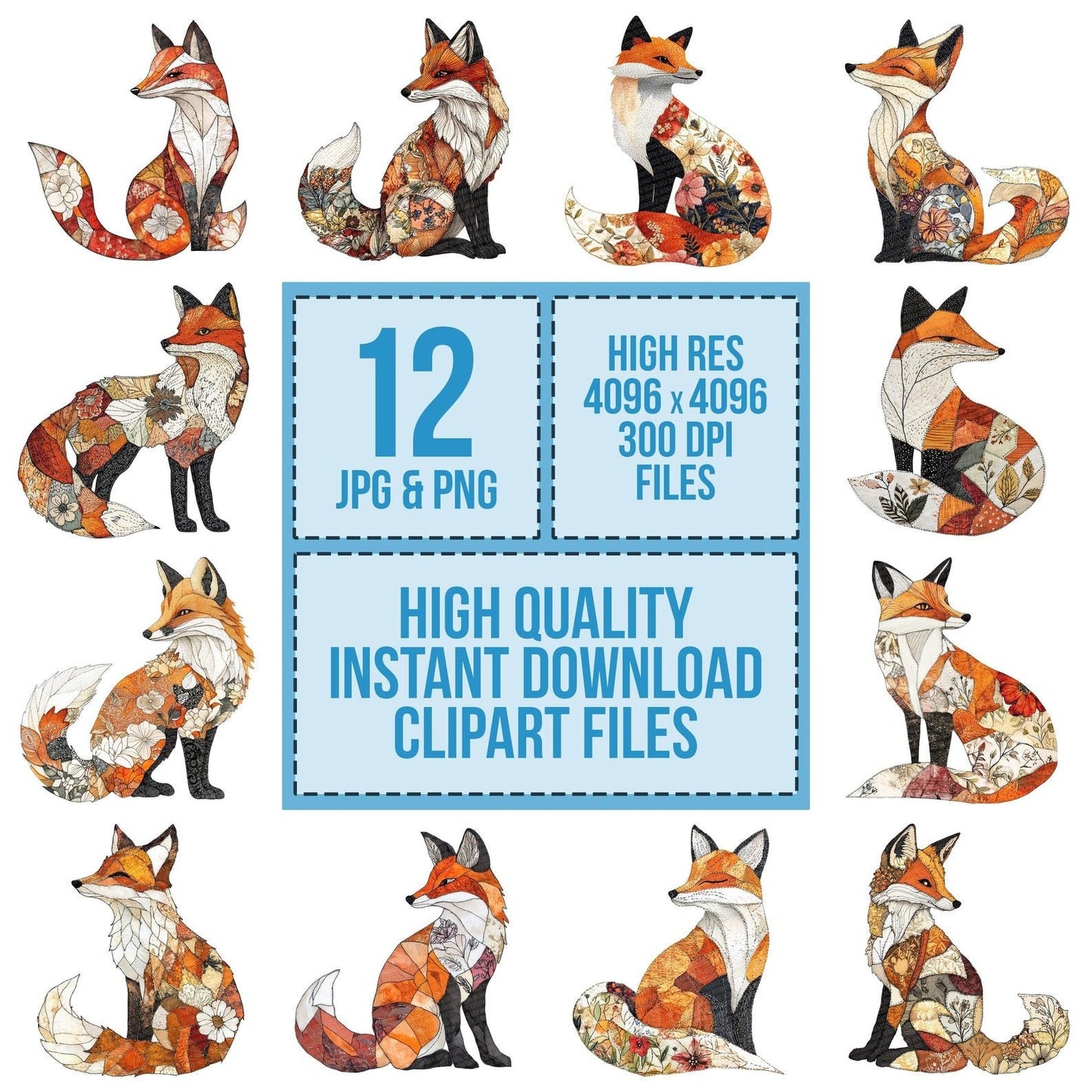 Folk Art Fox Curled Clipart Set (DDD005491)