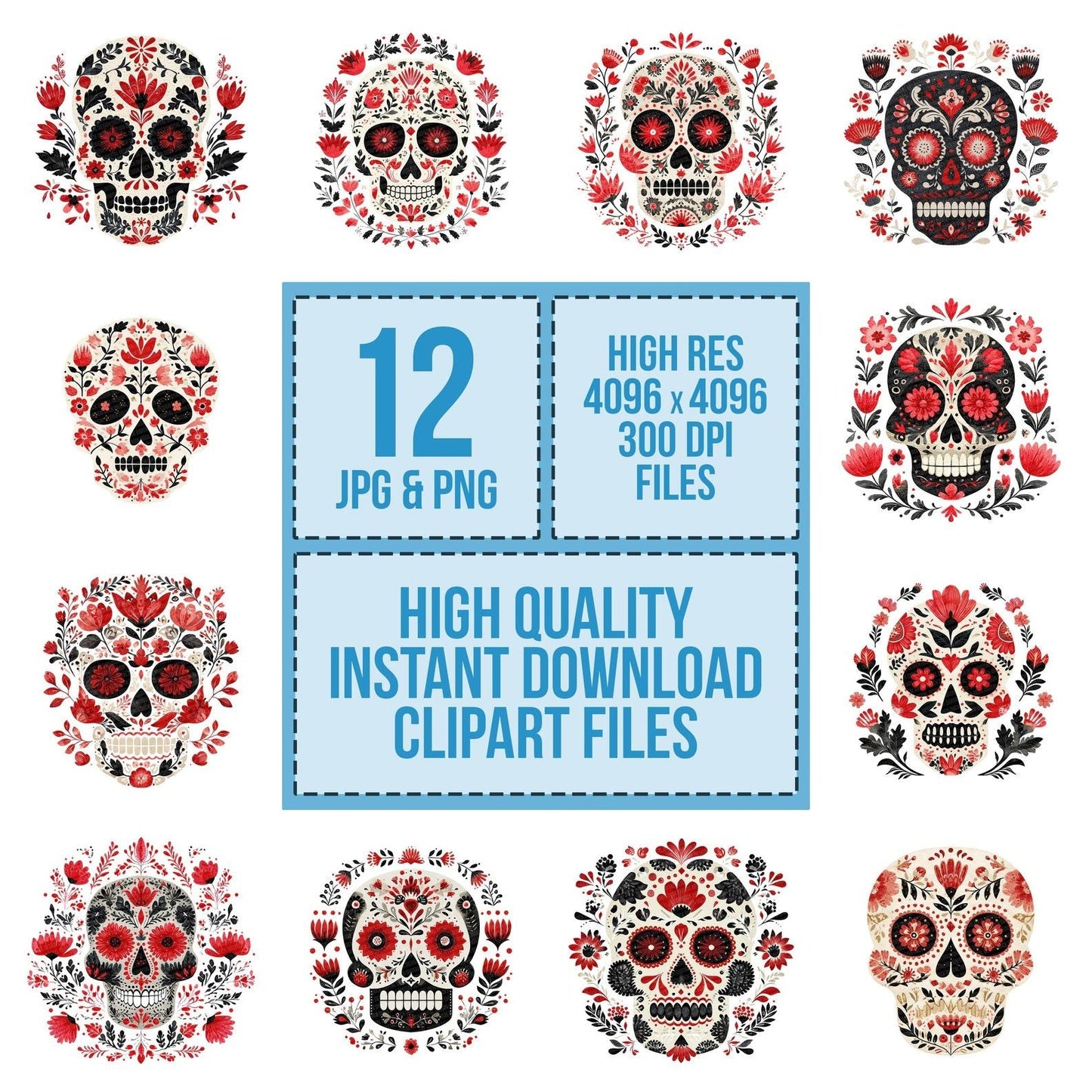 Folk Art Halloween Skull Clipart Set (DDD005499)
