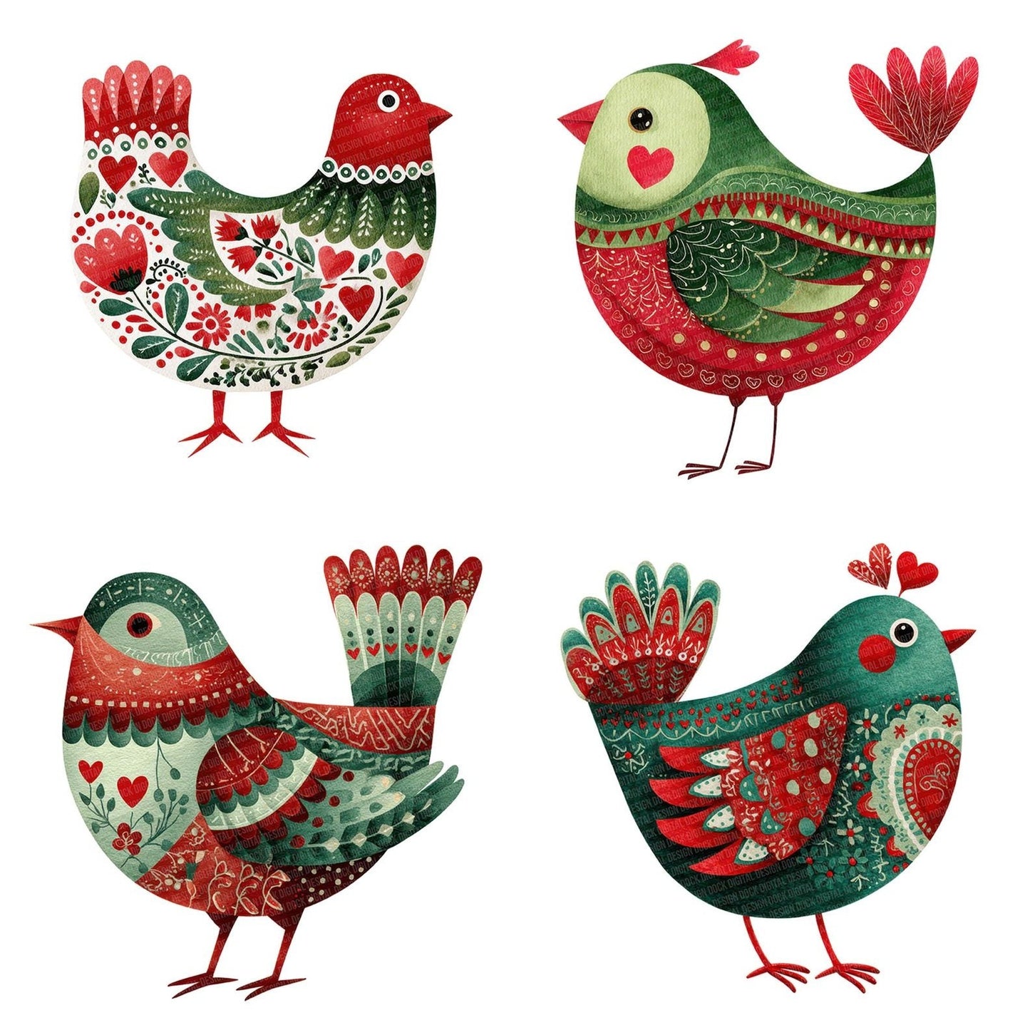 Folk Art Heart Christmas Bird Clipart Set (DDD005504)