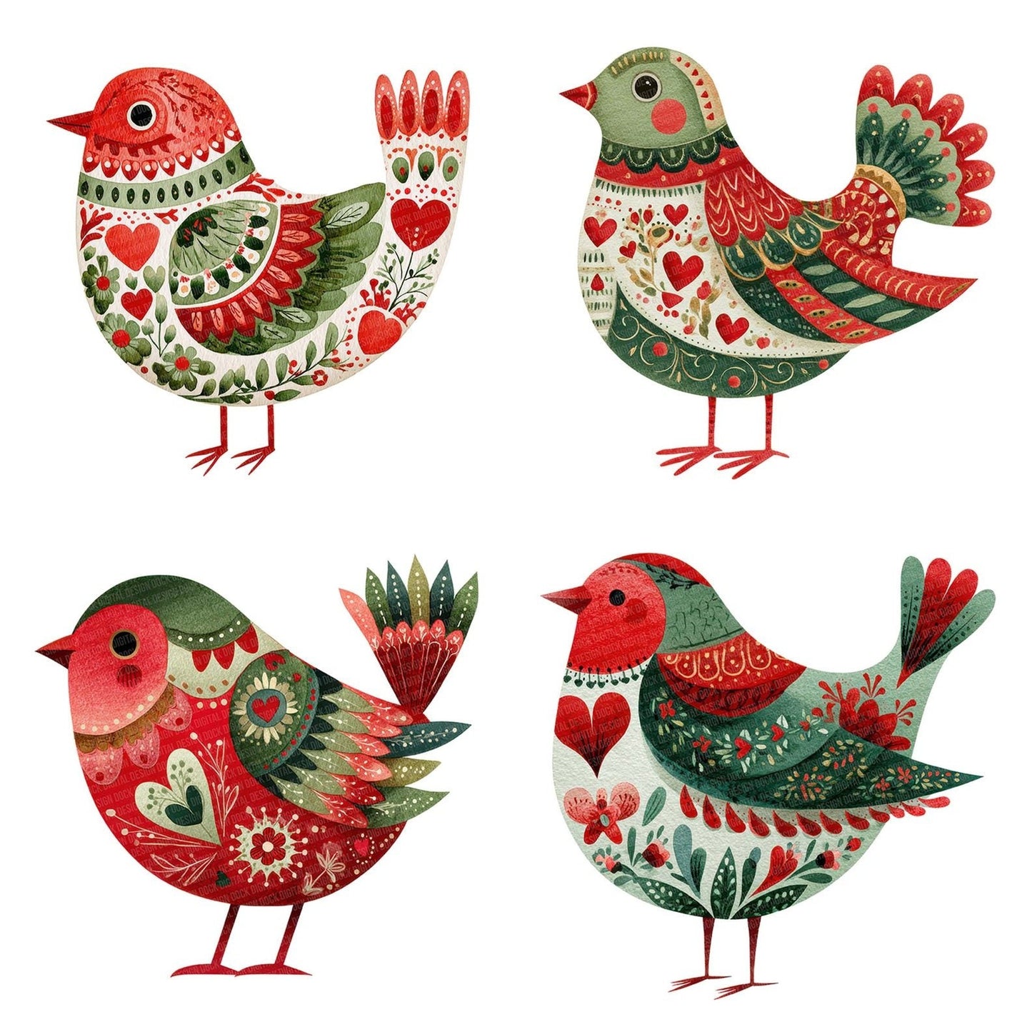 Folk Art Heart Christmas Bird Clipart Set (DDD005504)