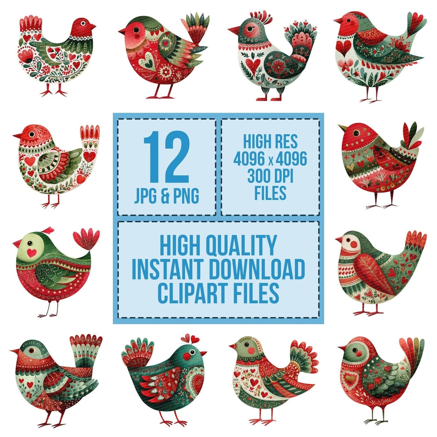 Folk Art Heart Christmas Bird Clipart Set (DDD005504)