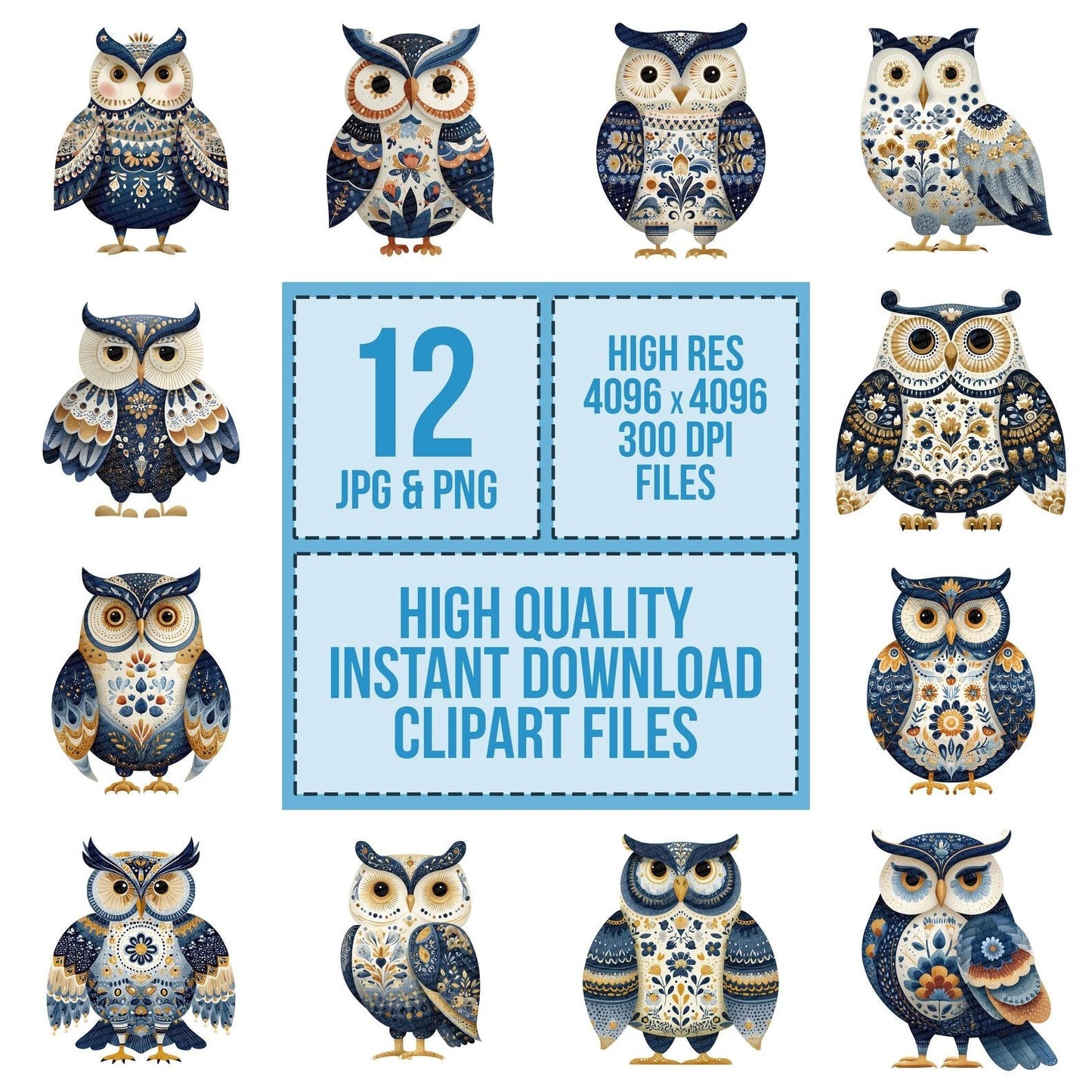 Folk Art Patterned Owl Clipart Set (DDD005518)