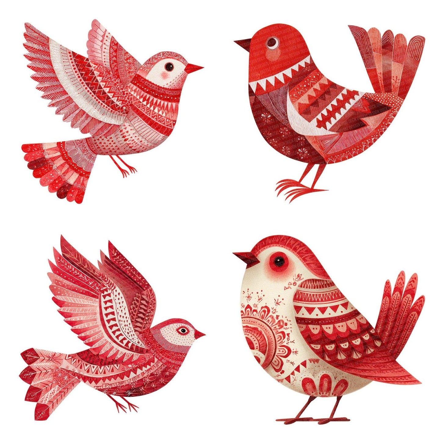 Folk Art Red Christmas Bird Clipart Set (DDD005521)