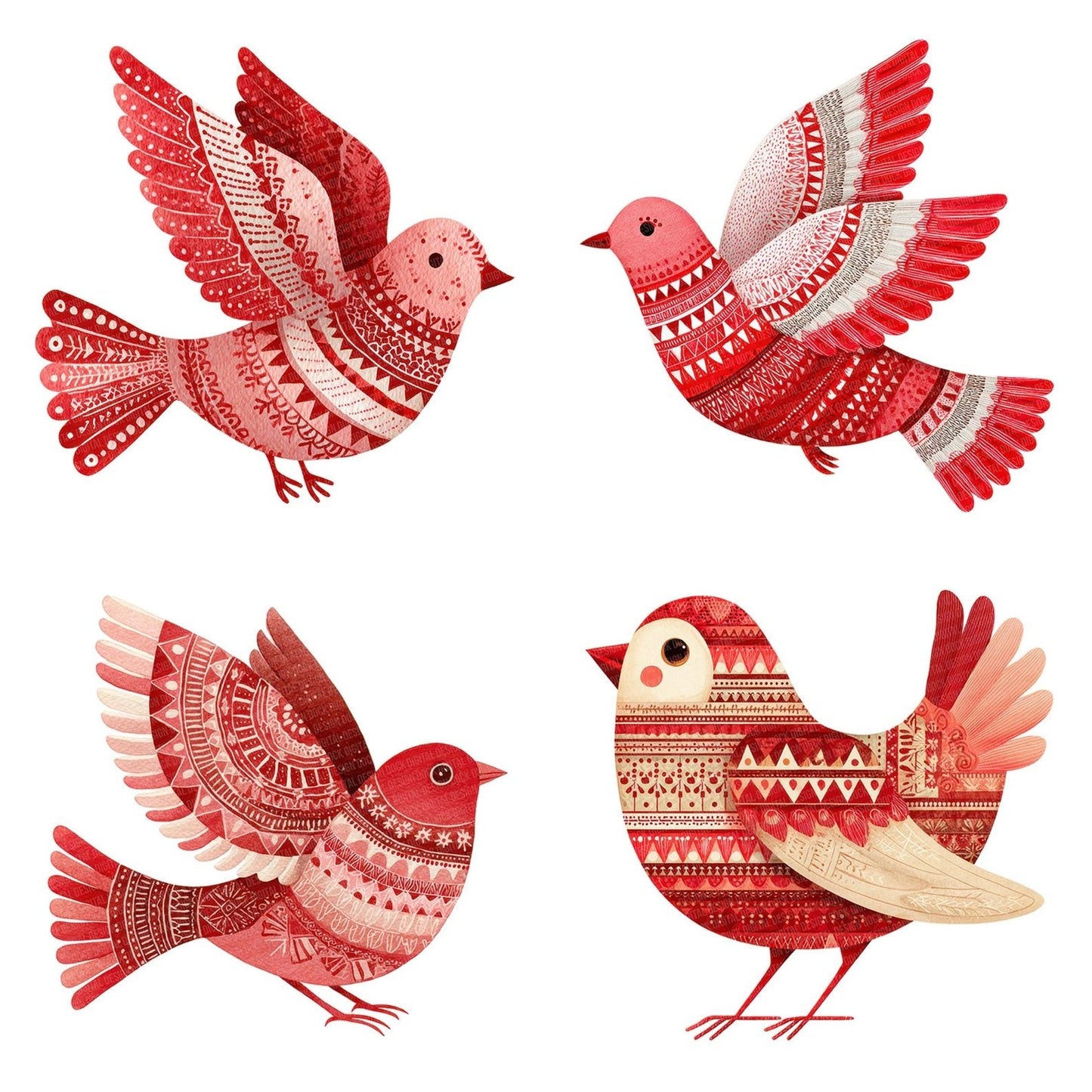 Folk Art Red Christmas Bird Clipart Set (DDD005521)
