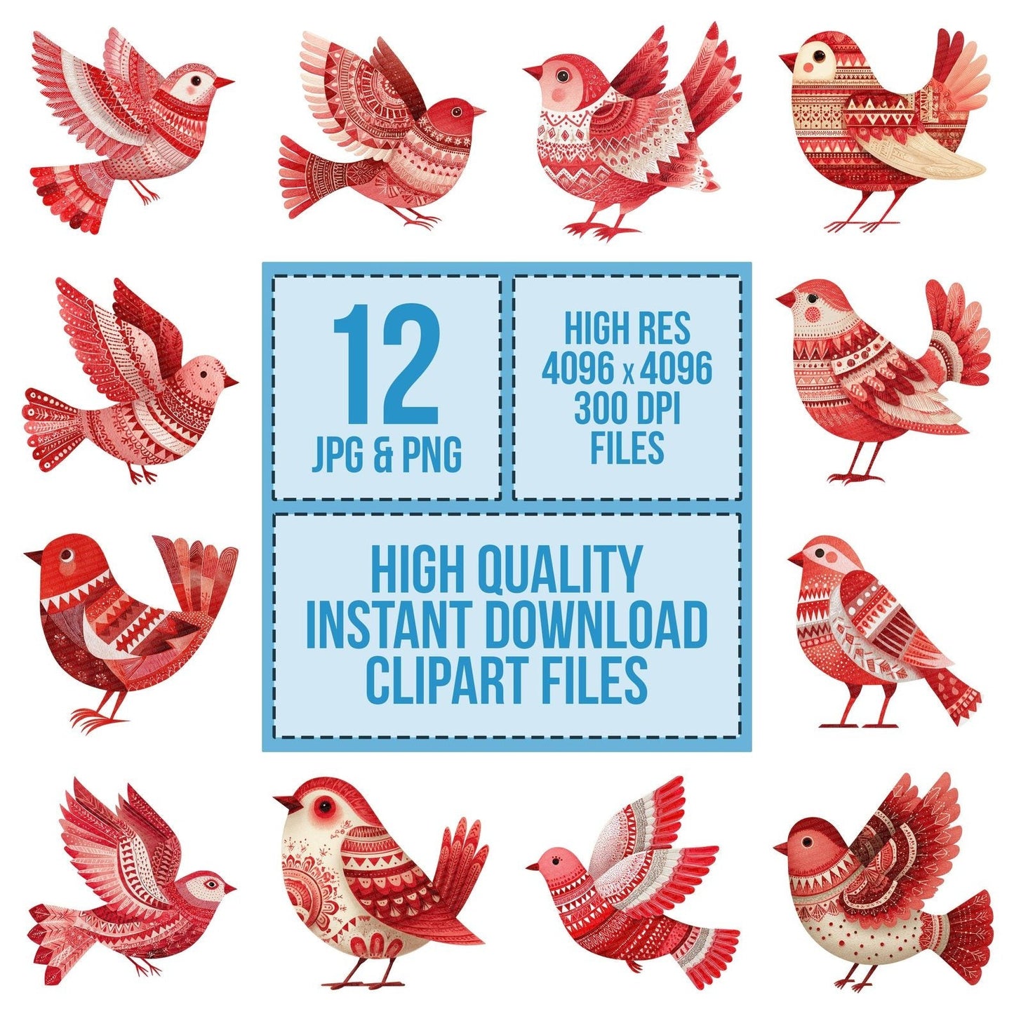 Folk Art Red Christmas Bird Clipart Set (DDD005521)