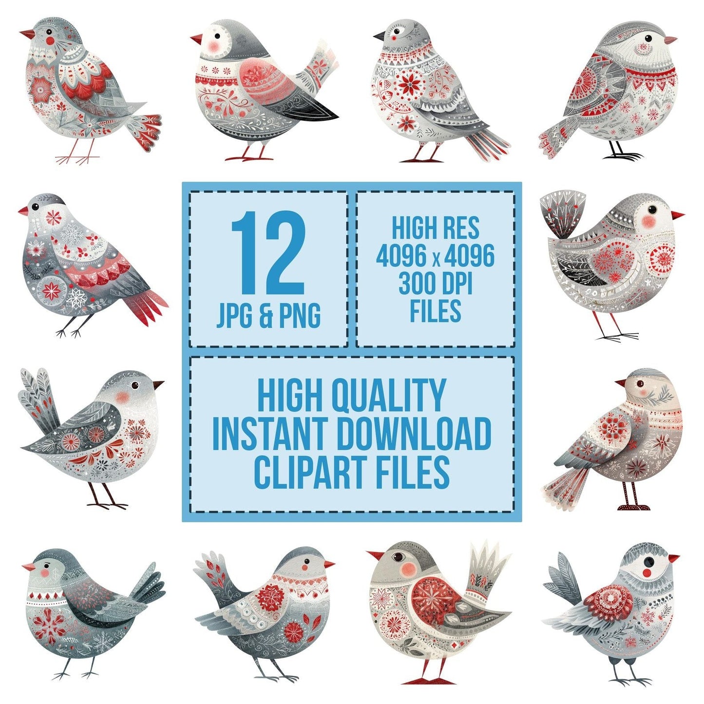 Folk Art Snowflake Christmas Bird Clipart Set (DDD005524)