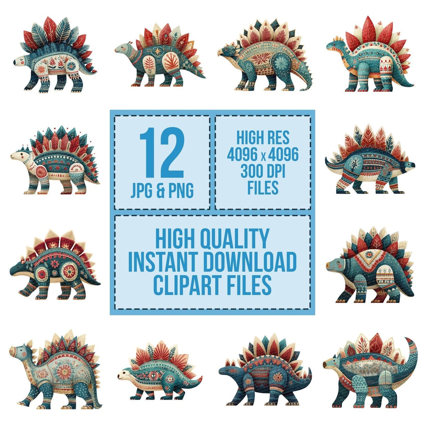 Folk Art Stegosaurus Clipart Set (DDD005528)