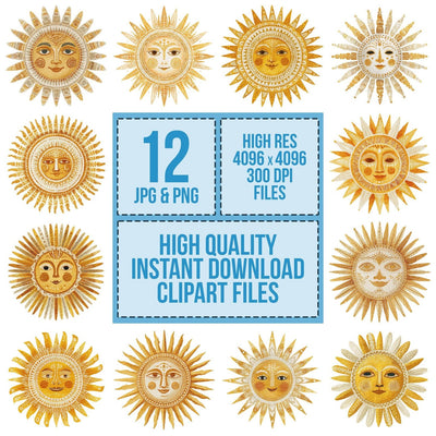 Folk Art Sun clipart set cover showing the designs and file details