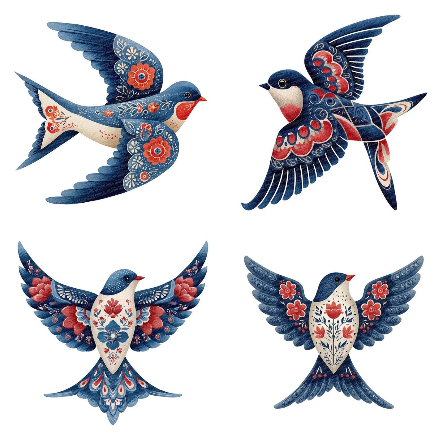 Folk Art Swallow Clipart Set (DDD005530)