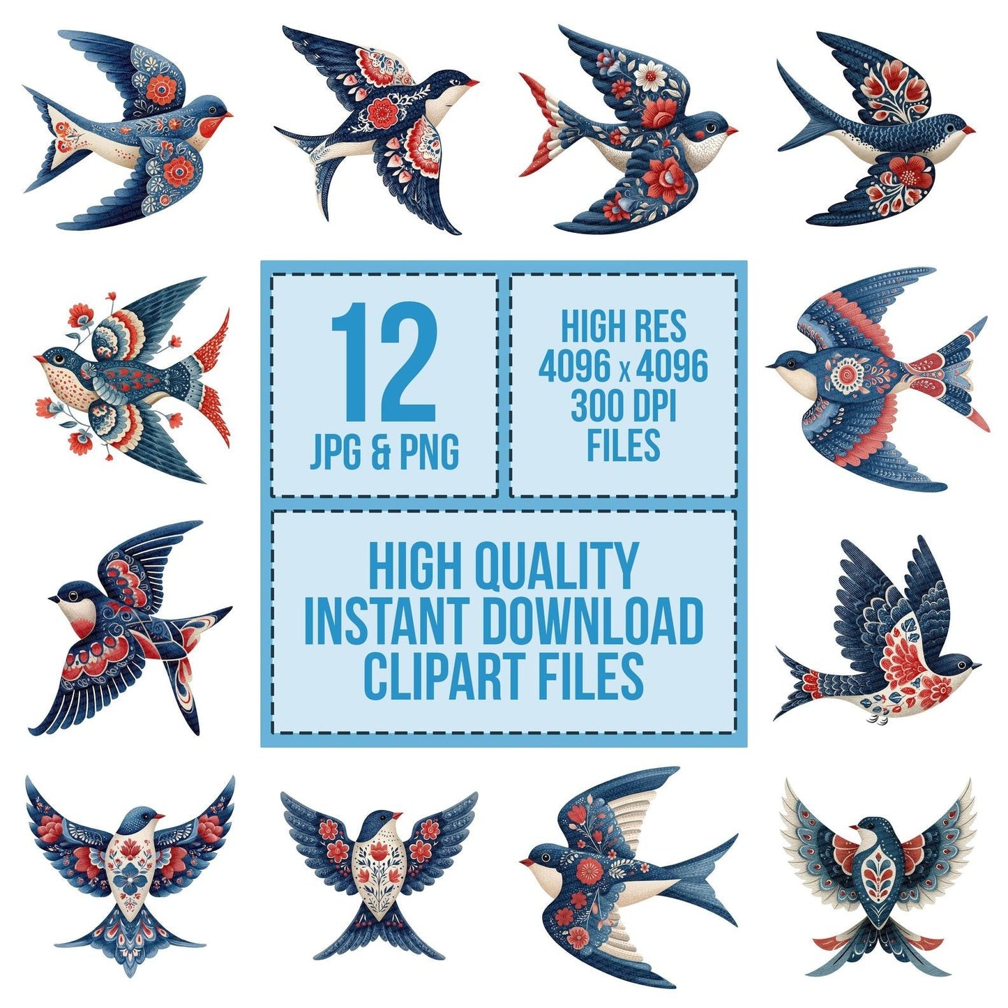 Folk Art Swallow Clipart Set (DDD005530)
