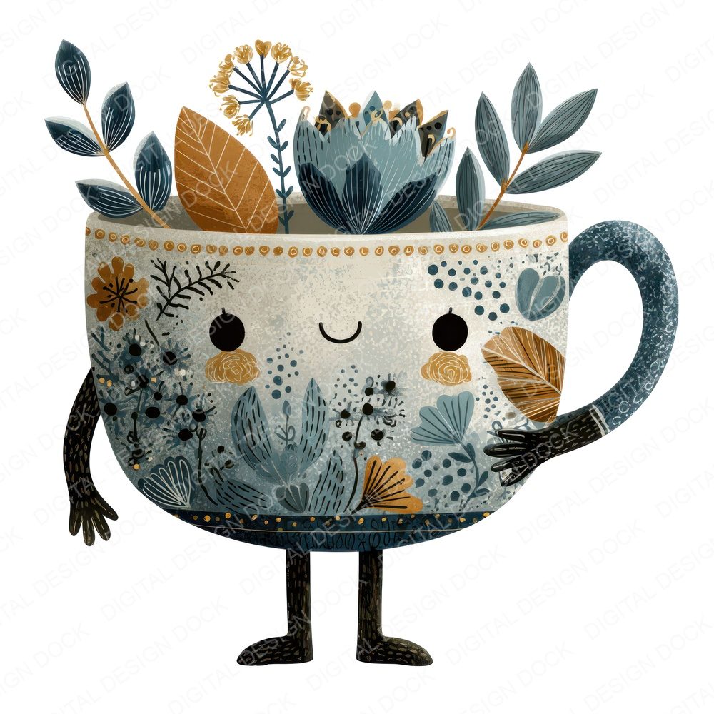 Folk Art Teacup Character Clipart Set (DDD008466)