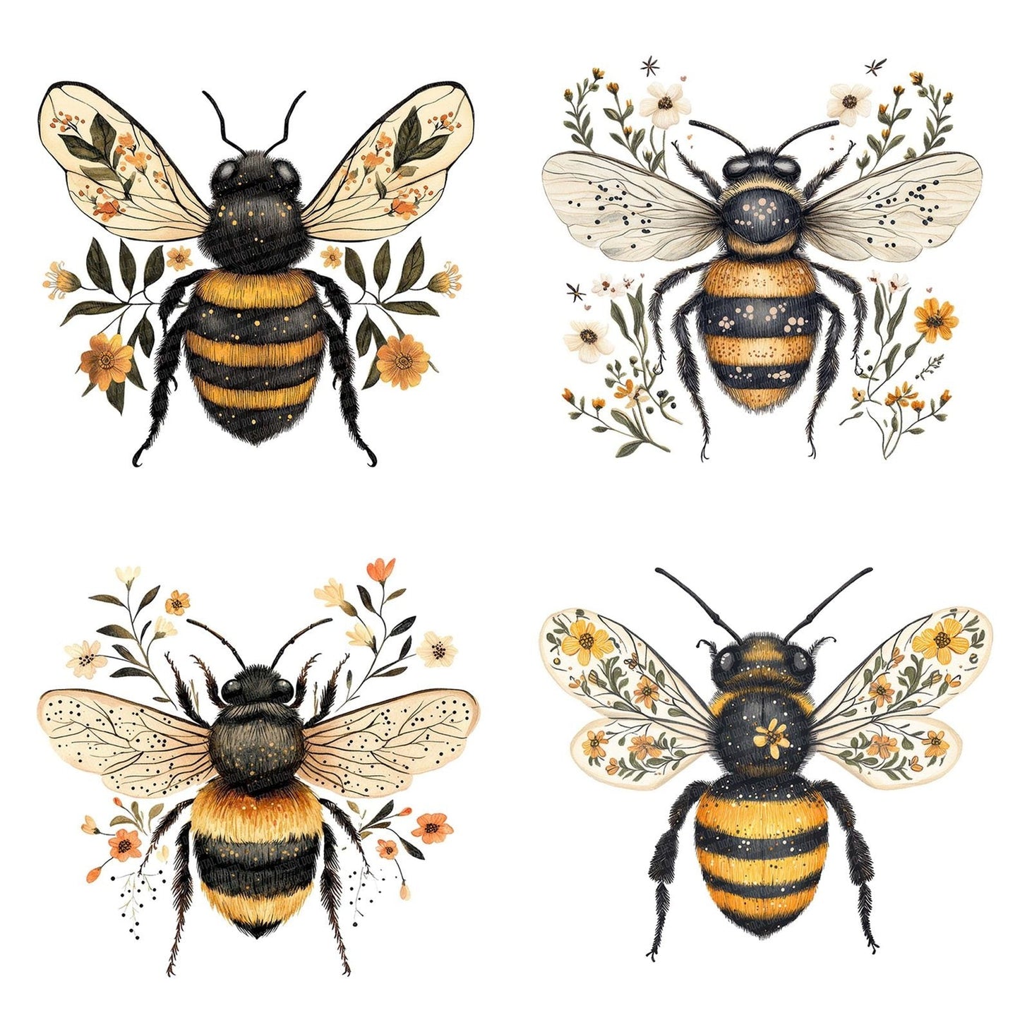 Folk Bee with Flowers Clipart Set (DDD005542)
