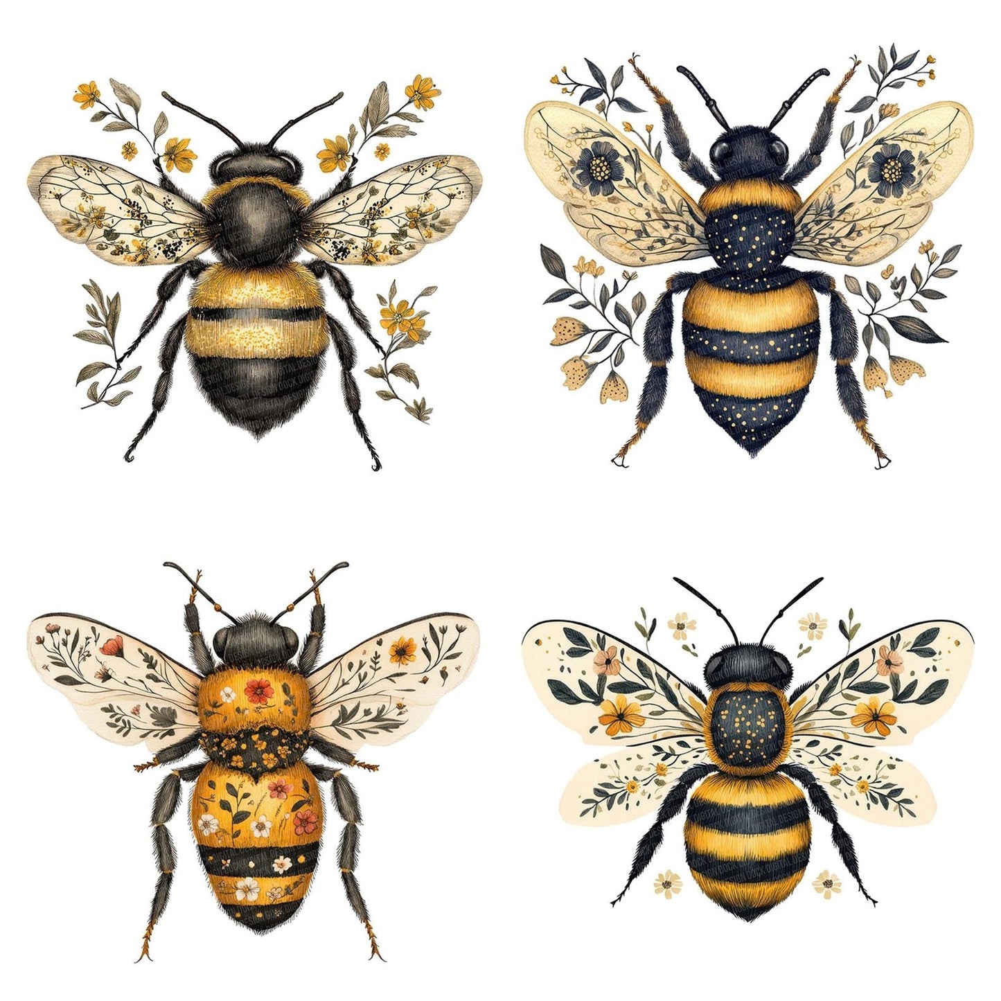 Folk Bee with Flowers Clipart Set (DDD005542)