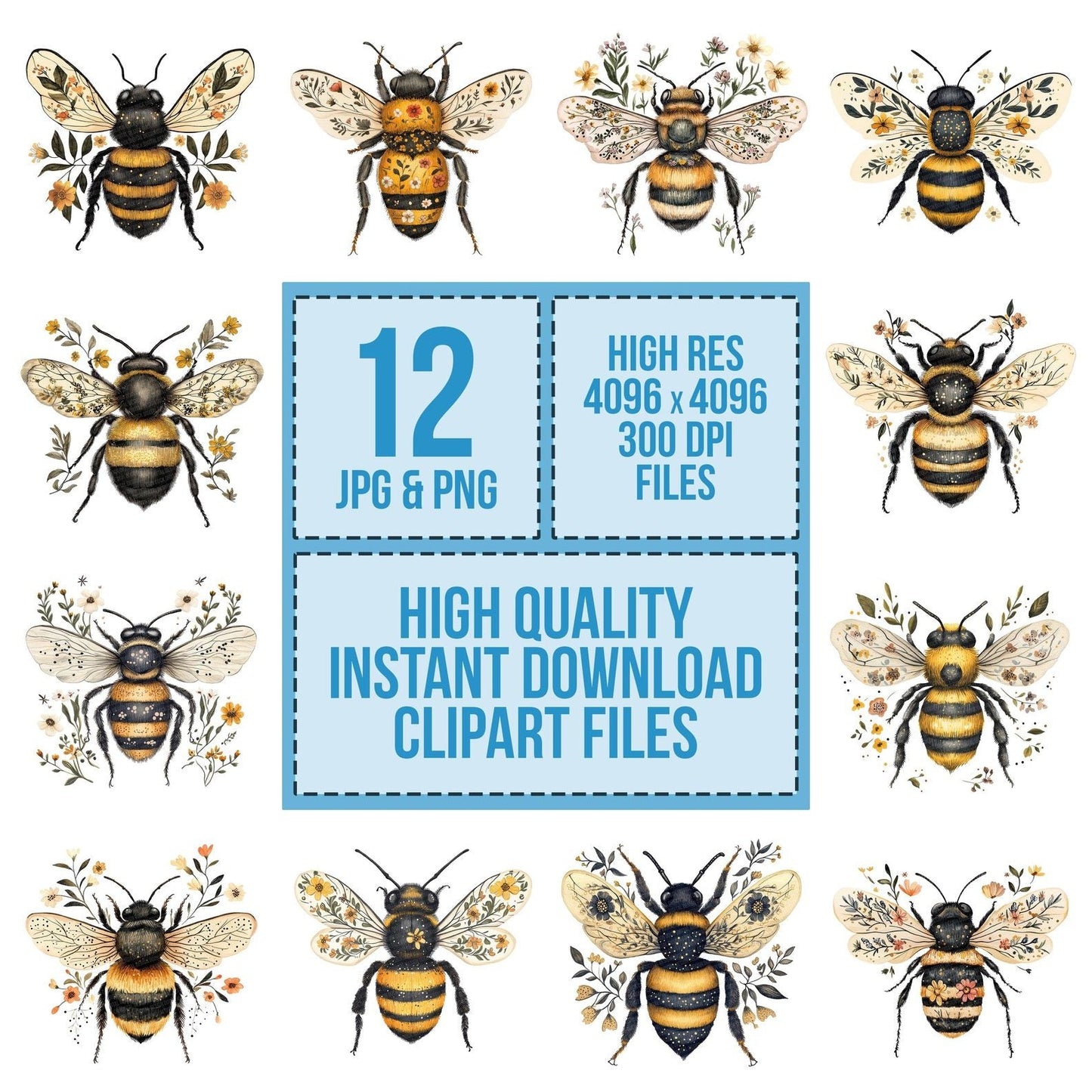 Folk Bee with Flowers Clipart Set (DDD005542)