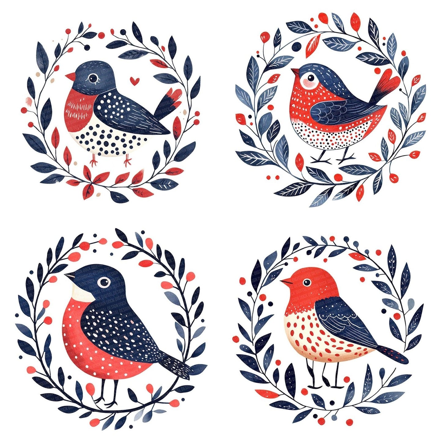 Folk Bird in Leaf Ring Clipart Set (DDD005543)