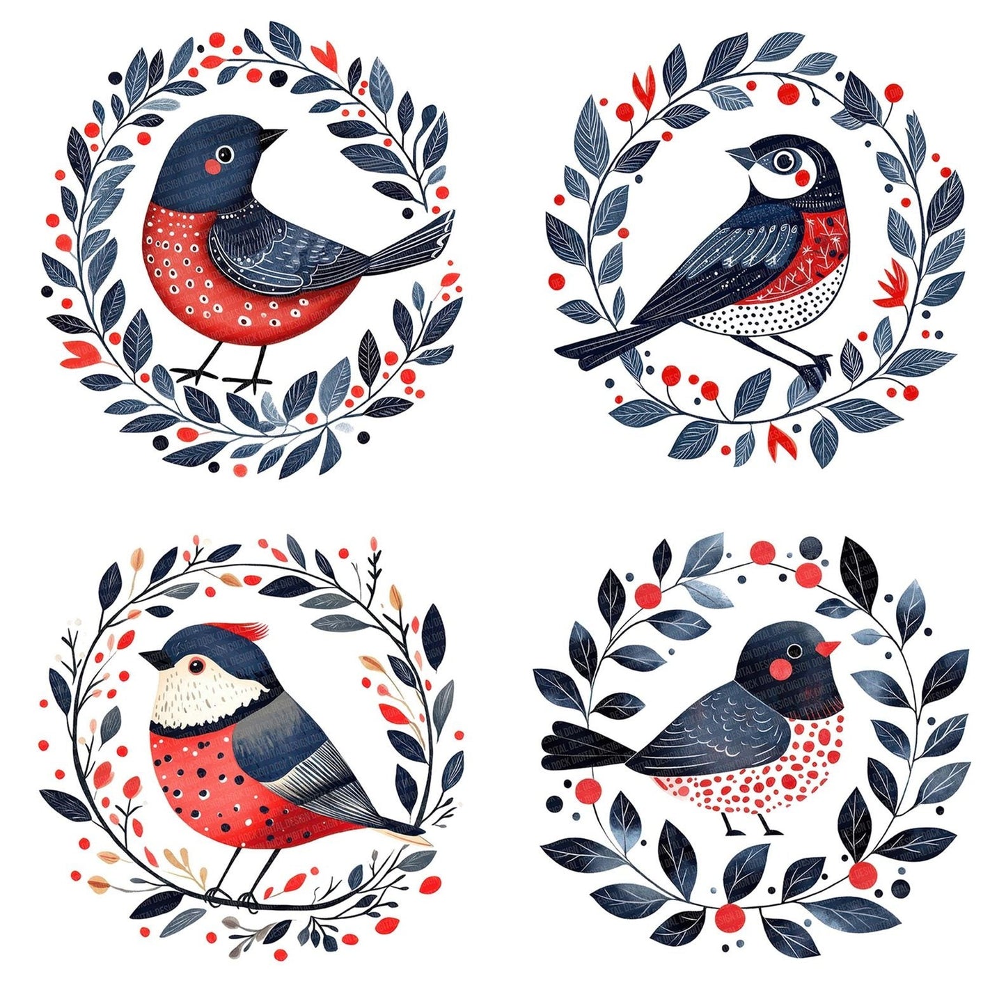 Folk Bird in Leaf Ring Clipart Set (DDD005543)