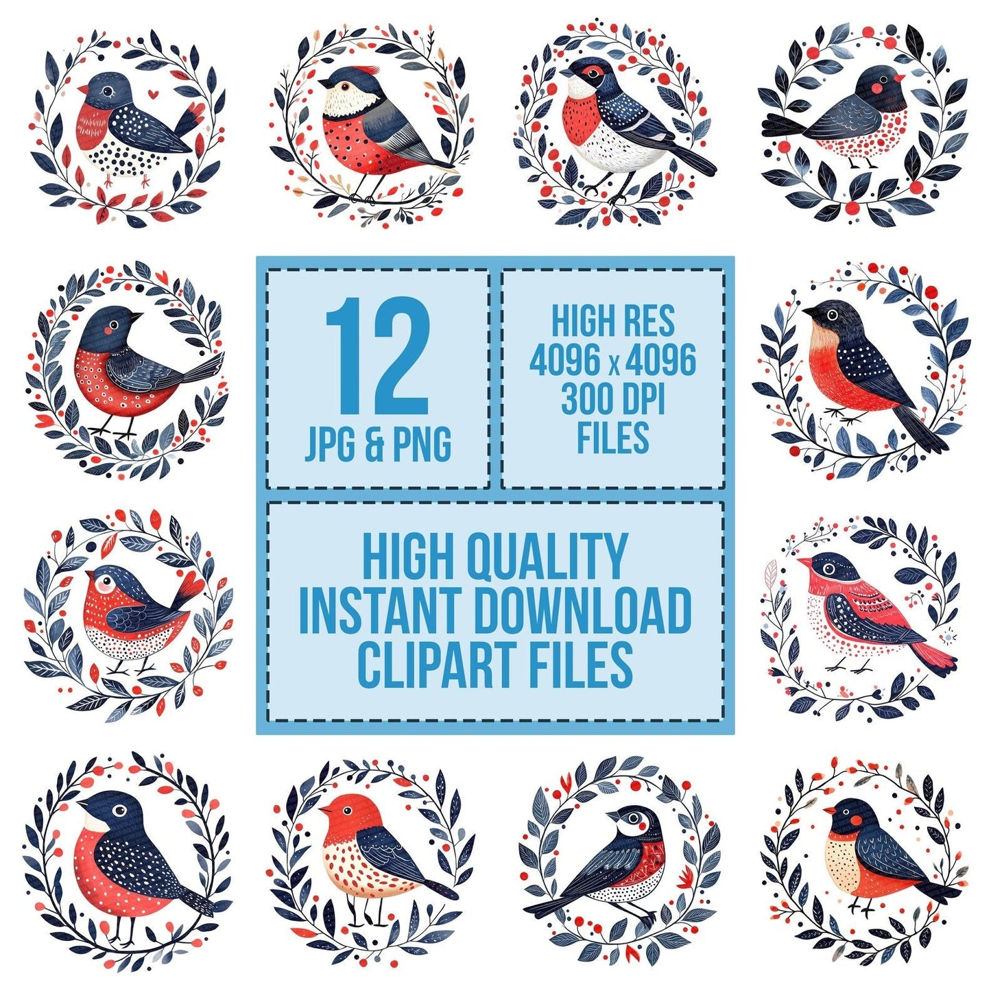Folk Bird in Leaf Ring Clipart Set (DDD005543)