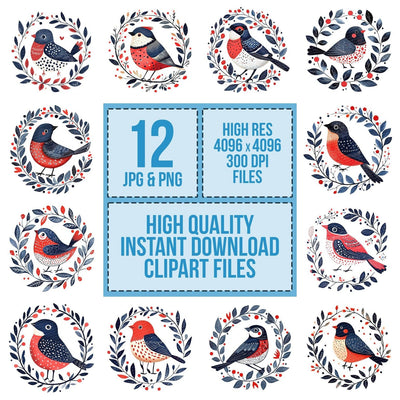 Folk Bird in Leaf Ring clipart set cover showing the designs and file details