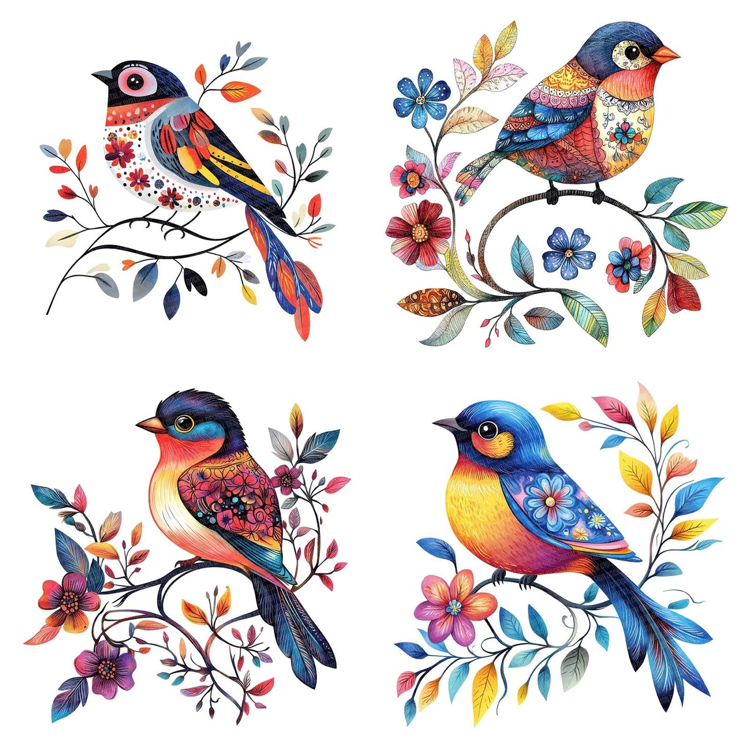 Folk Bird on Floral Vine Clipart Set (DDD005544)