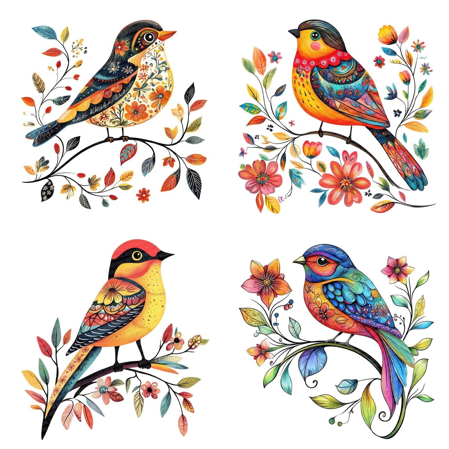 Folk Bird on Floral Vine Clipart Set (DDD005544)