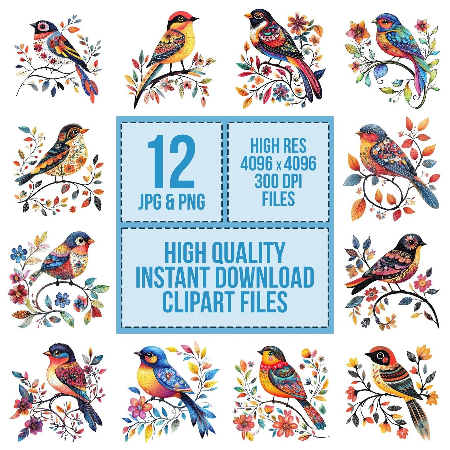 Folk Bird on Floral Vine Clipart Set (DDD005544)