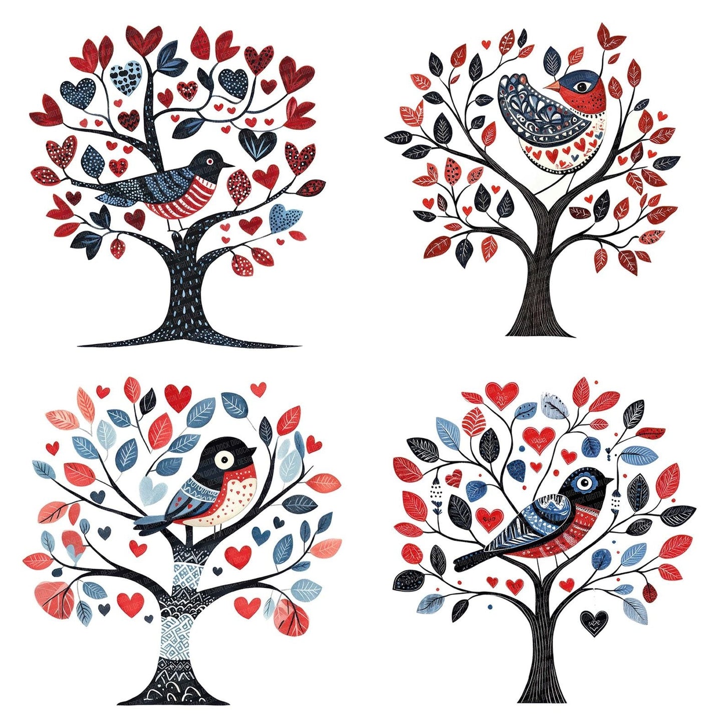 Folk Bird on Tree Clipart Set (DDD005545)