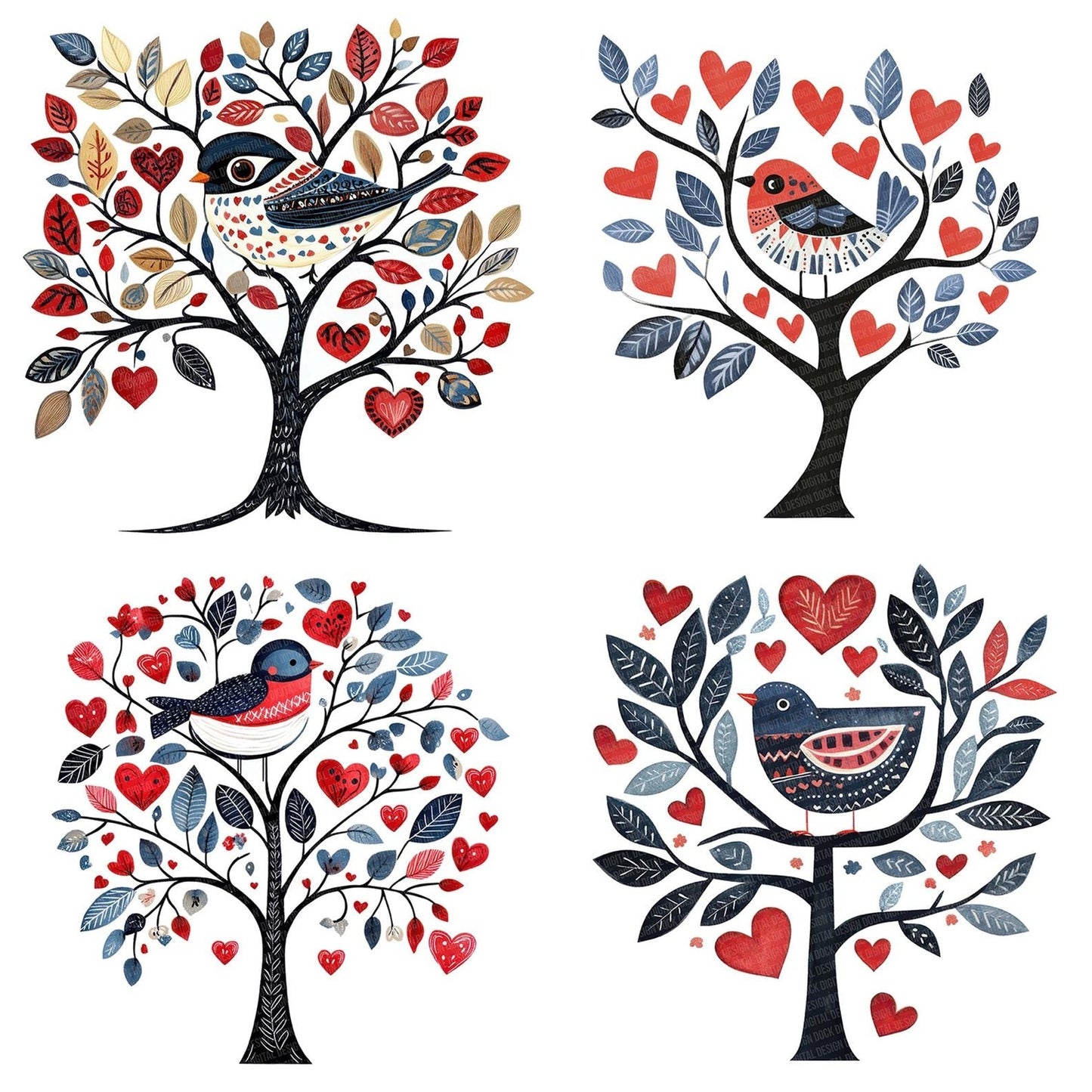 Folk Bird on Tree Clipart Set (DDD005545)