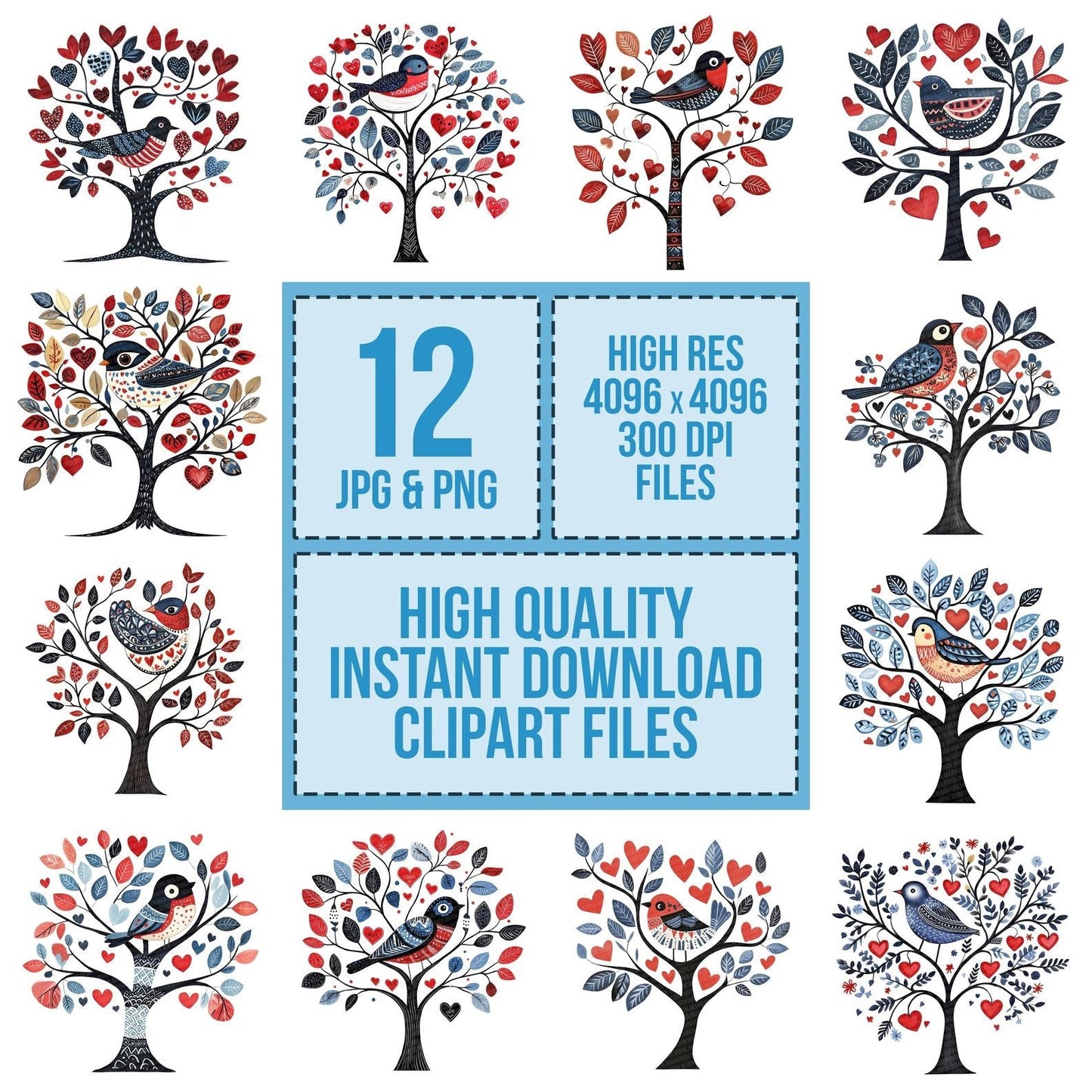 Folk Bird on Tree Clipart Set (DDD005545)
