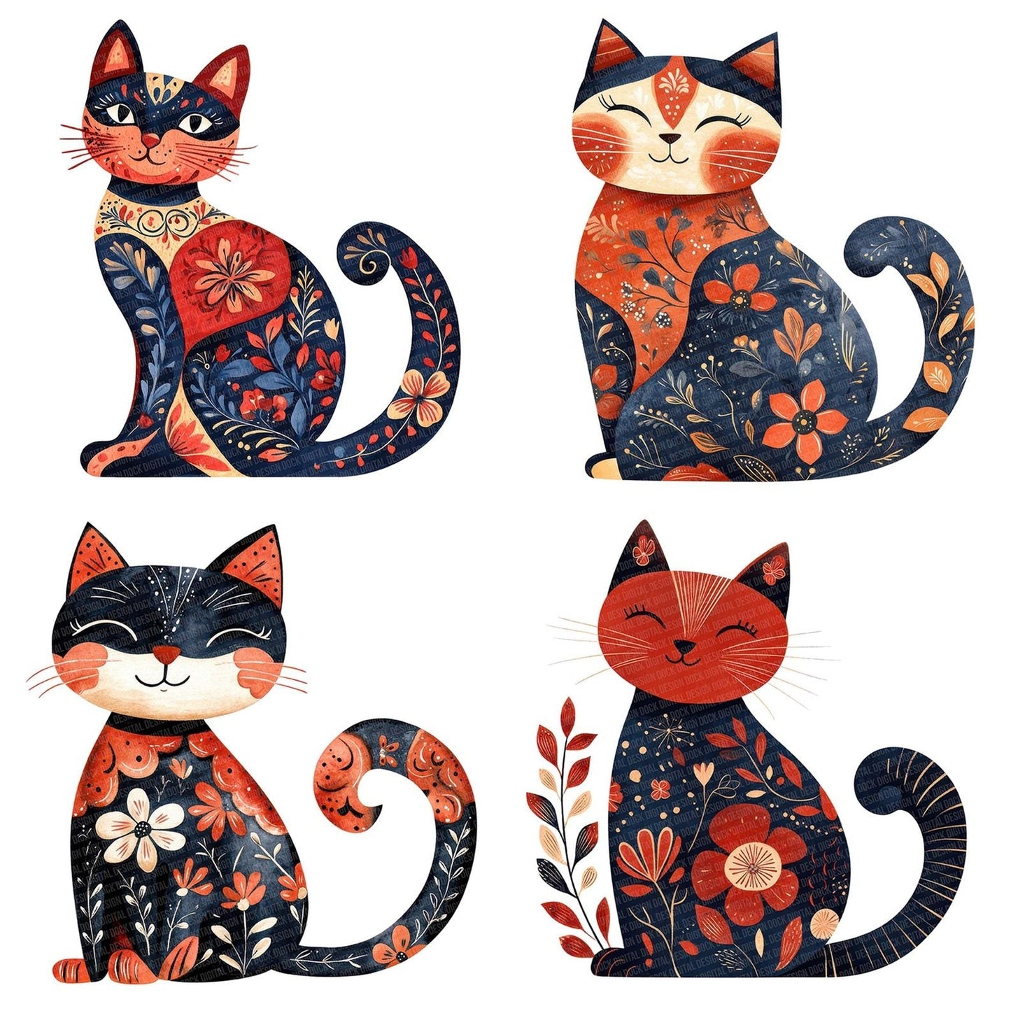 Folk Cat with Florals Clipart Set (DDD005548)