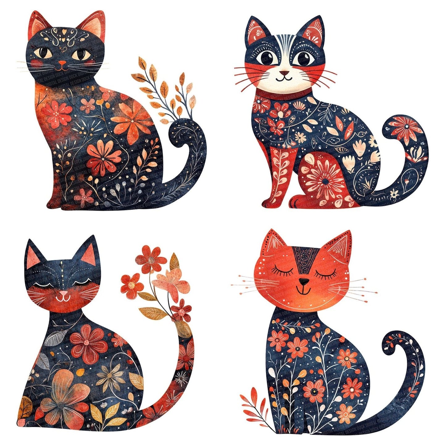 Folk Cat with Florals Clipart Set (DDD005548)