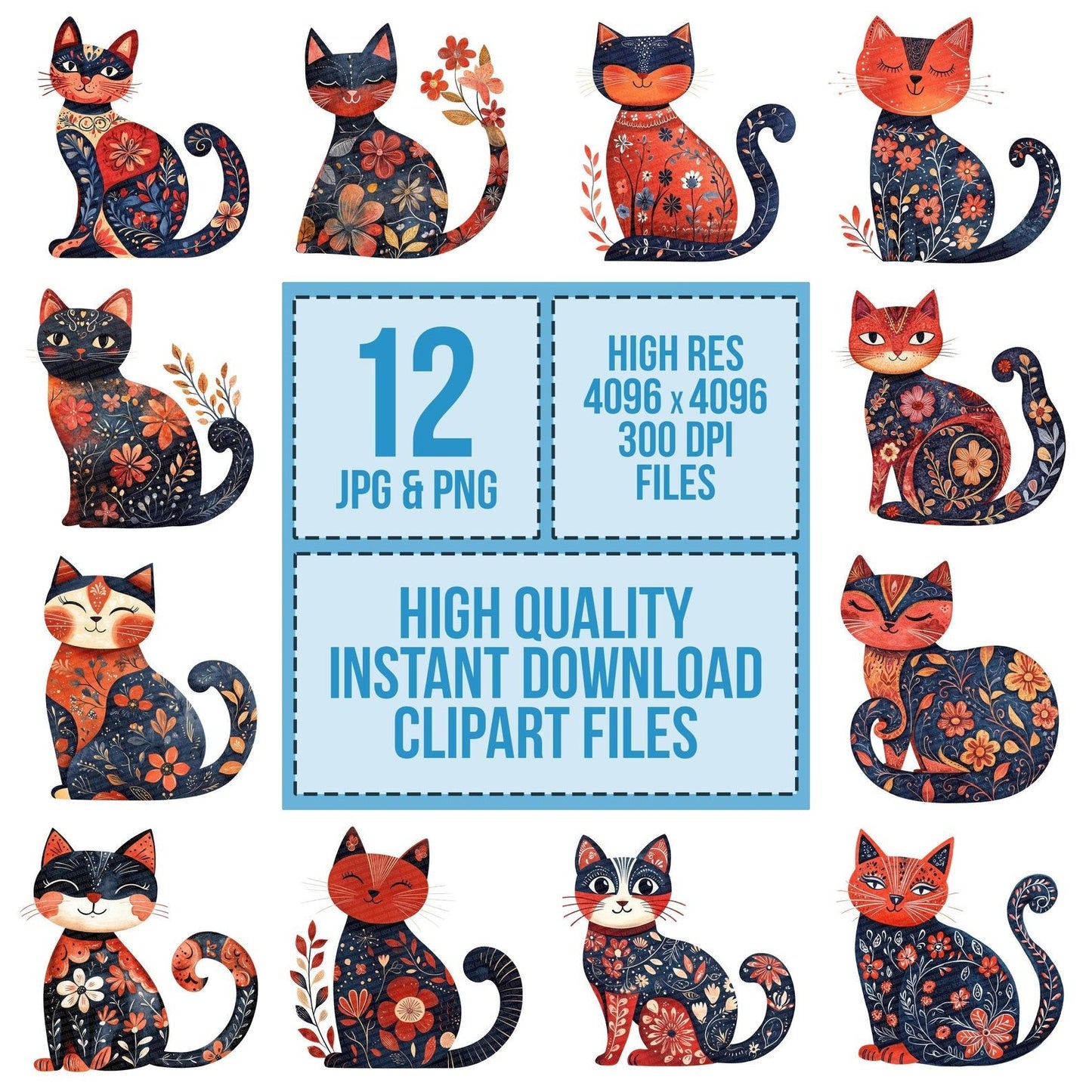 Folk Cat with Florals Clipart Set (DDD005548)