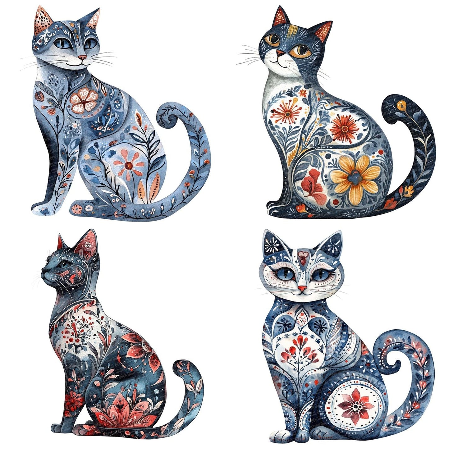 Folk Cat with Symbols Clipart Set (DDD005549)