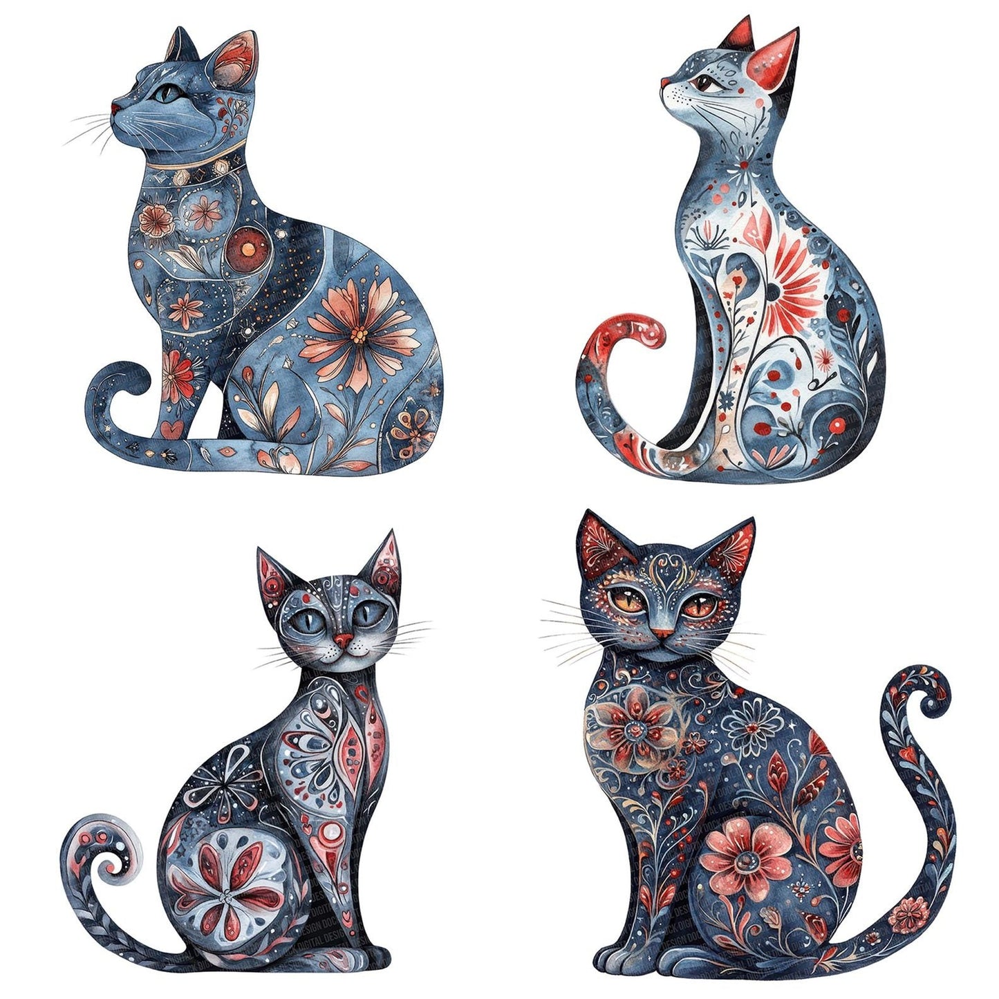 Folk Cat with Symbols Clipart Set (DDD005549)