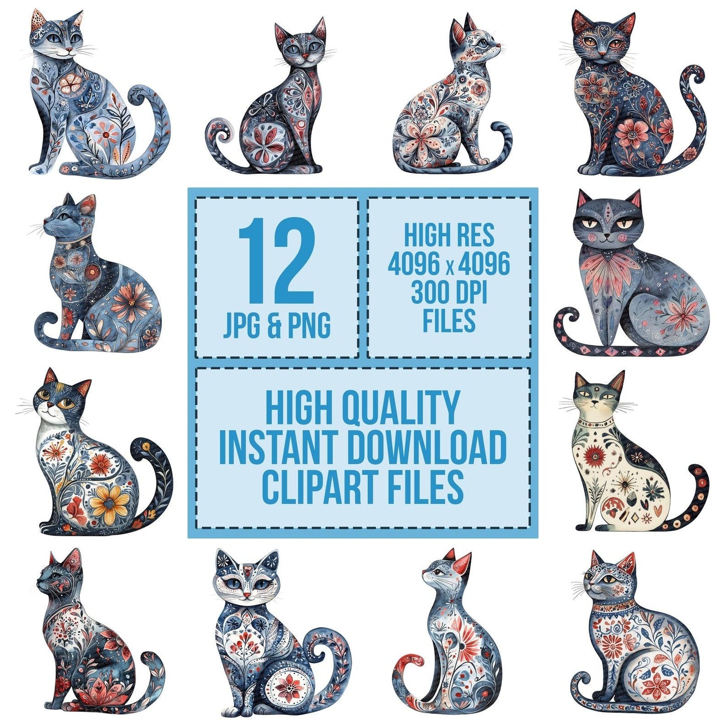 Folk Cat with Symbols Clipart Set (DDD005549)