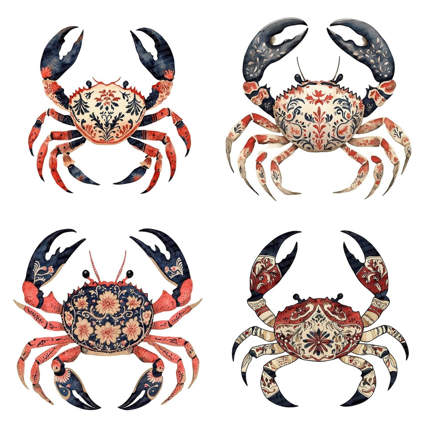Folk Crab with Florals Clipart Set (DDD005551)