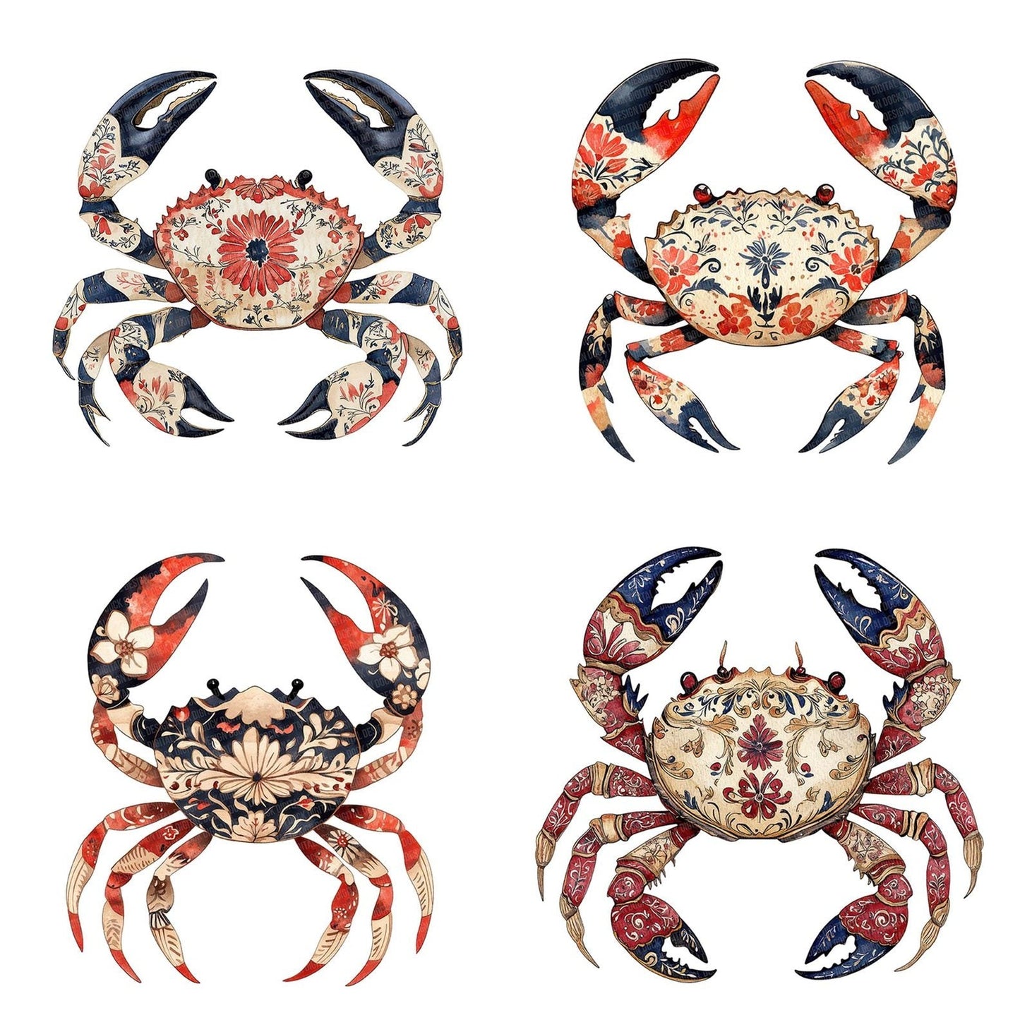Folk Crab with Florals Clipart Set (DDD005551)