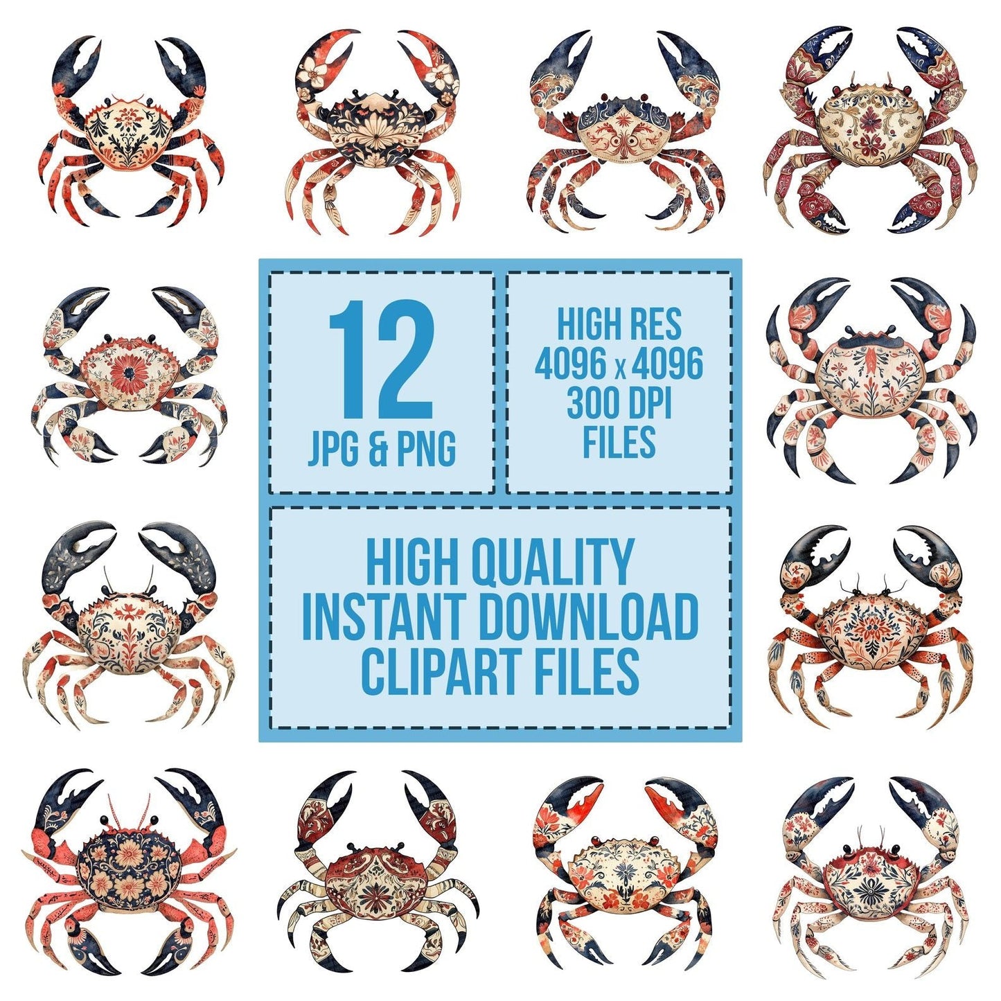 Folk Crab with Florals Clipart Set (DDD005551)