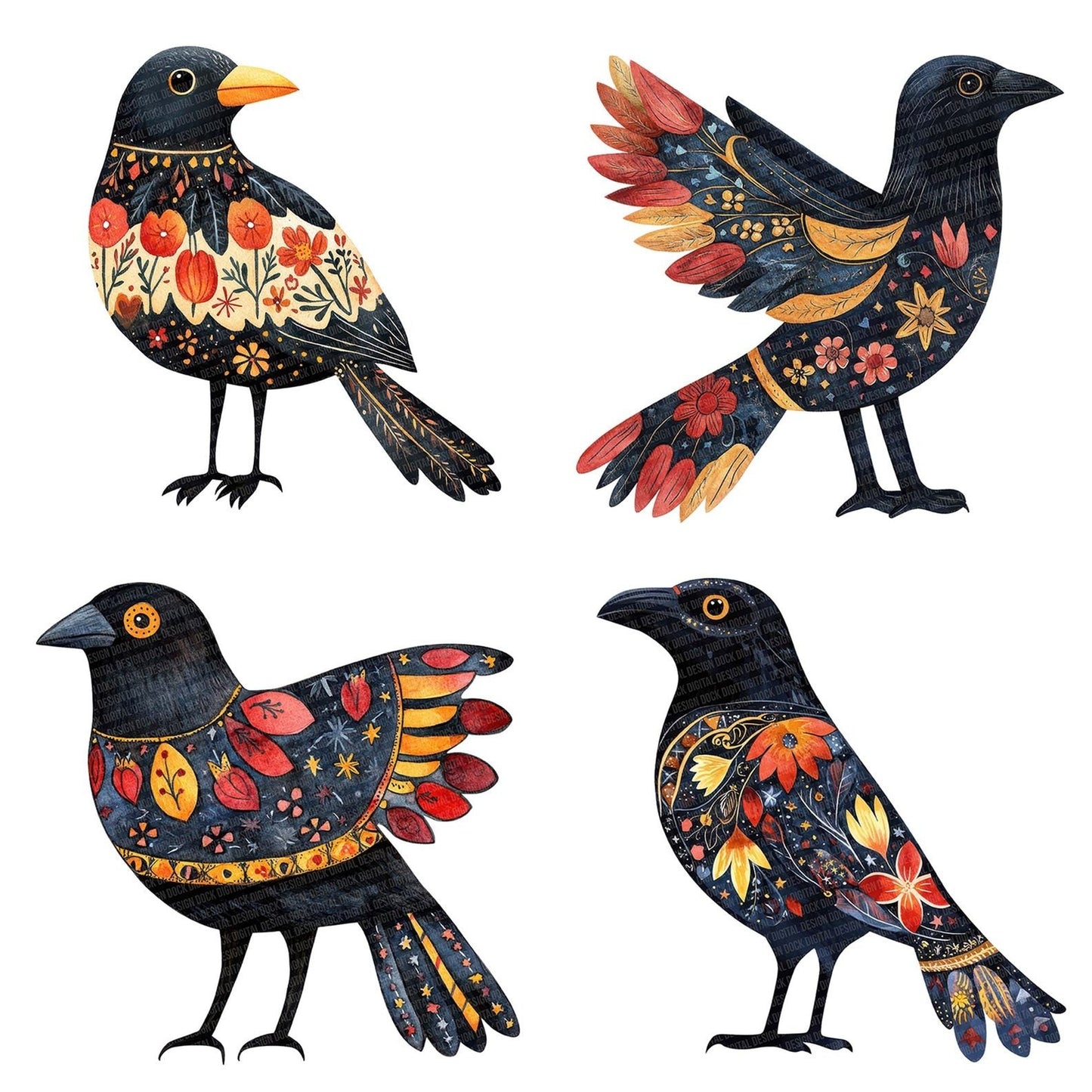 Folk Crow with Patterns Clipart Set (DDD005553)