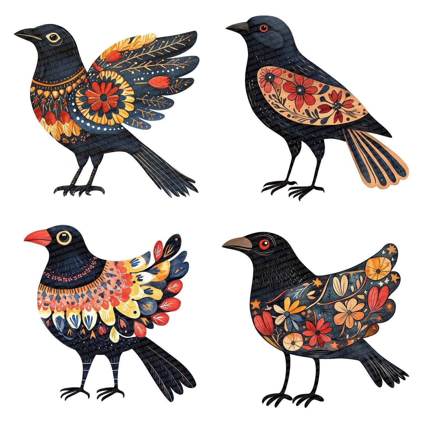 Folk Crow with Patterns Clipart Set (DDD005553)