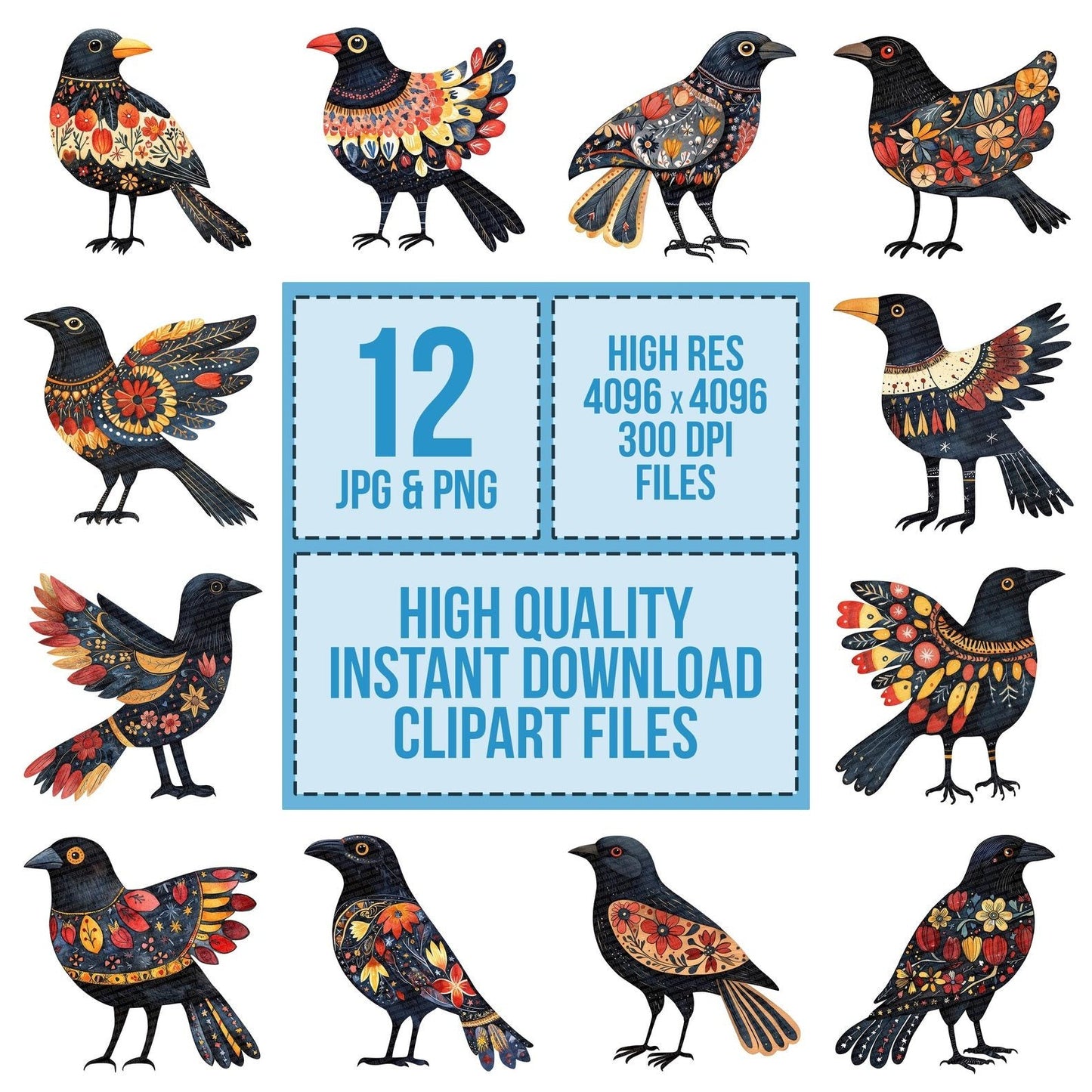 Folk Crow with Patterns Clipart Set (DDD005553)