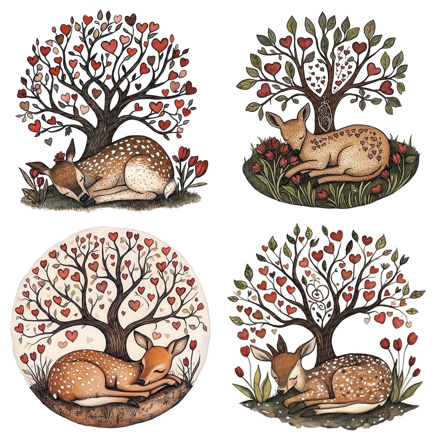 Folk Deer under Tree Clipart Set (DDD005555)