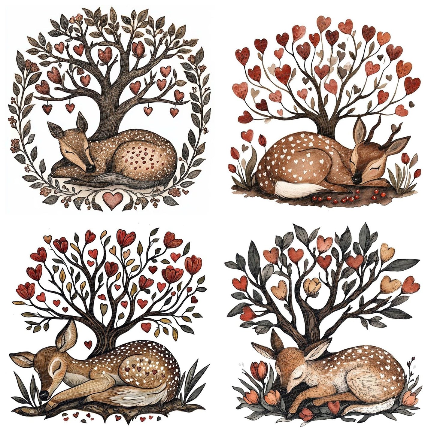 Folk Deer under Tree Clipart Set (DDD005555)