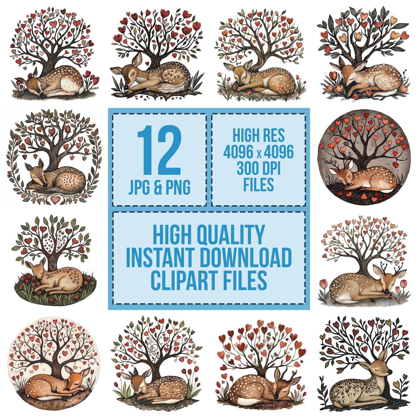 Folk Deer under Tree Clipart Set (DDD005555)