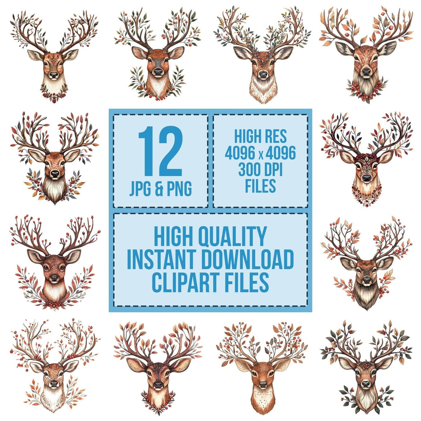 Folk Deer with Antlers Clipart Set (DDD005556)